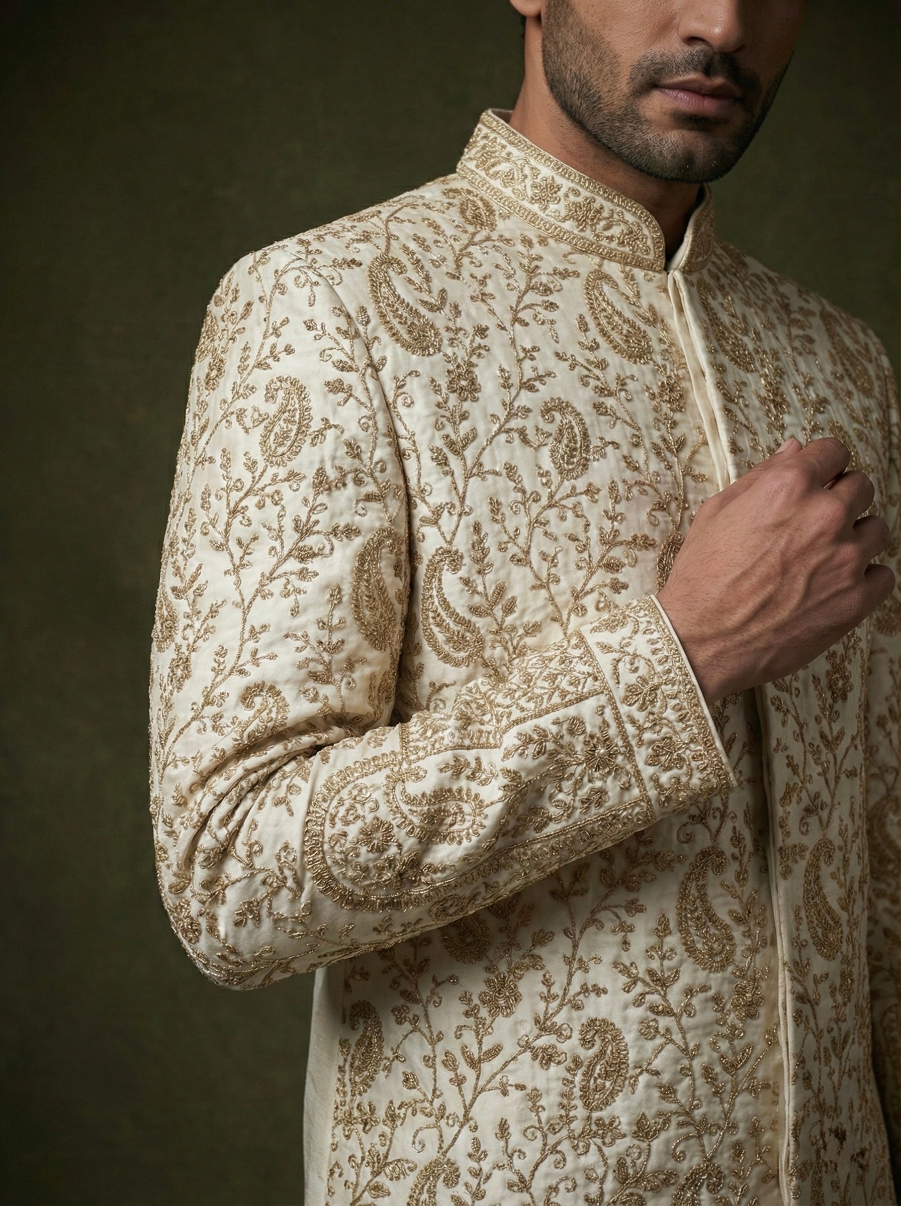 Royal Ivory Zari Embroidered Sherwani Set for Men