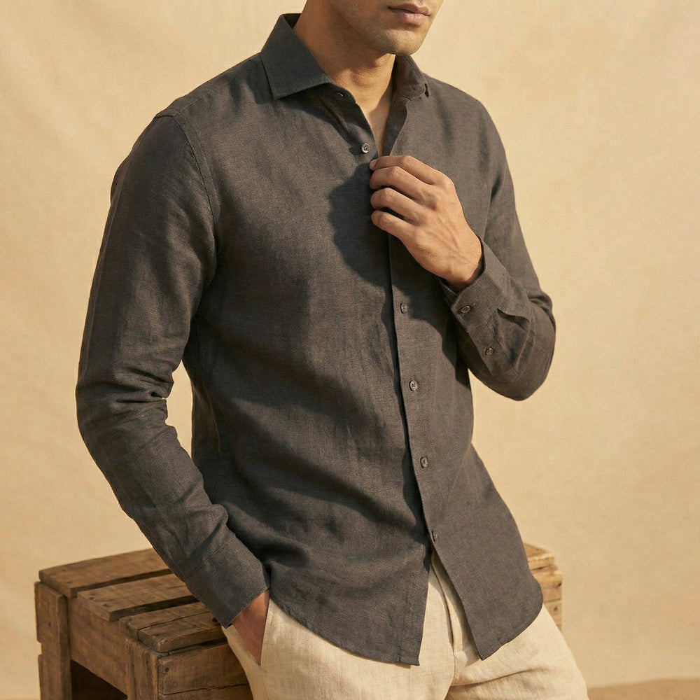 Abees Black linen solid shirt - back view