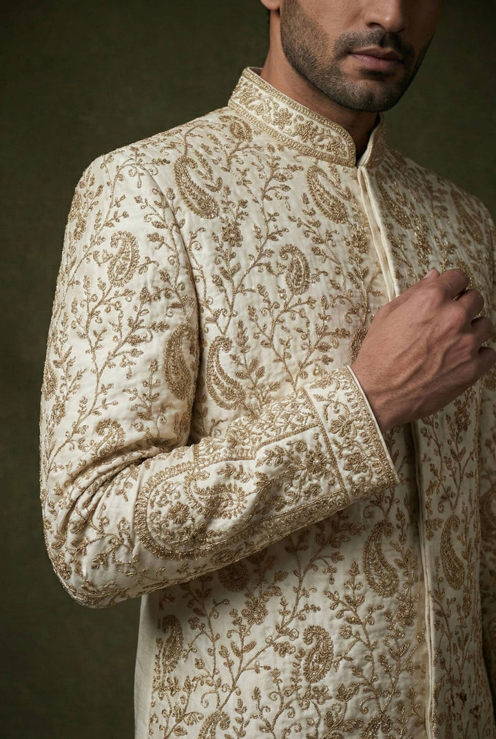 Abees White art silk zardosi sherwani set - back view