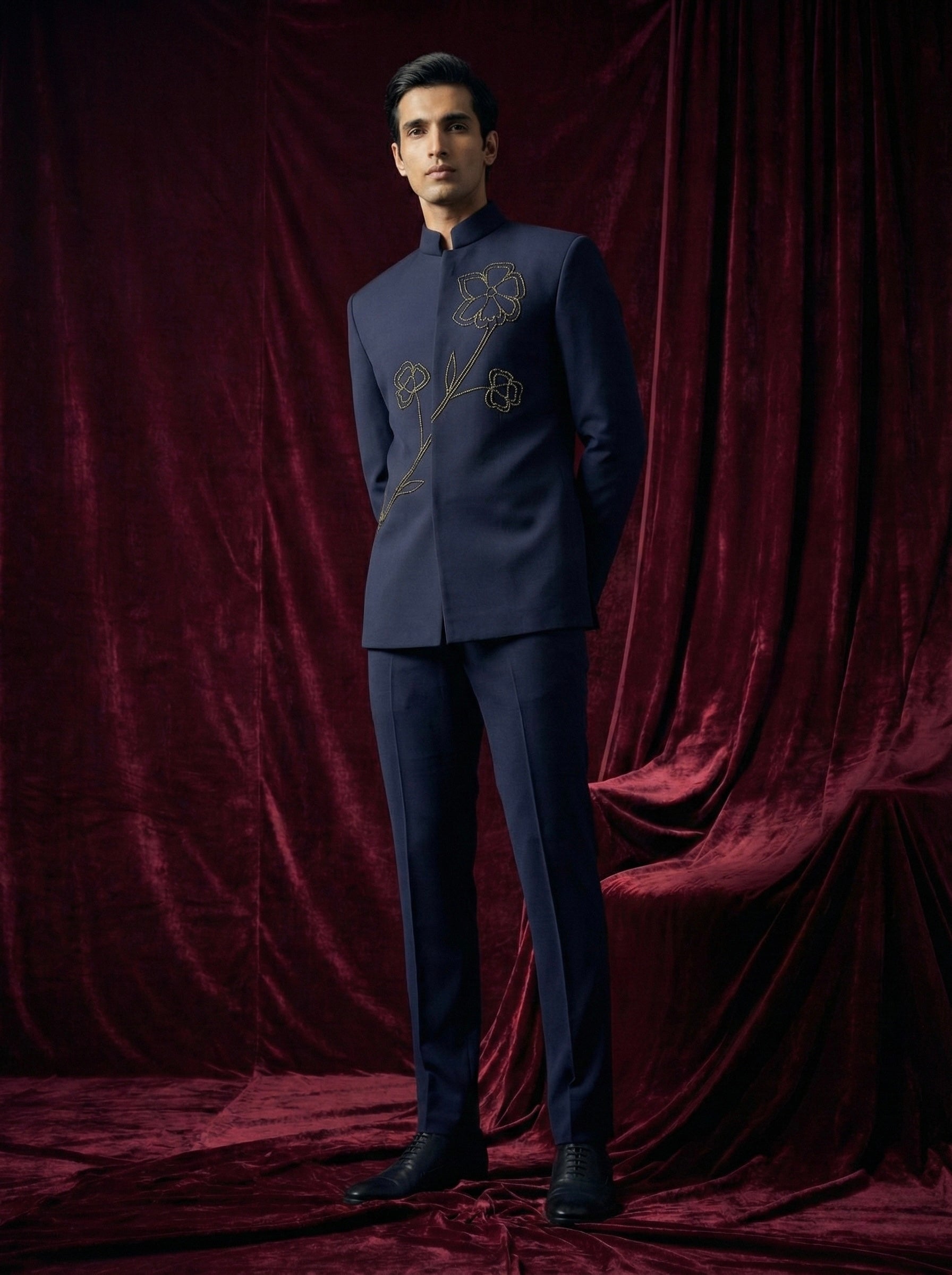 Midnight Blue Floral Embroidered Indo-Western Suit