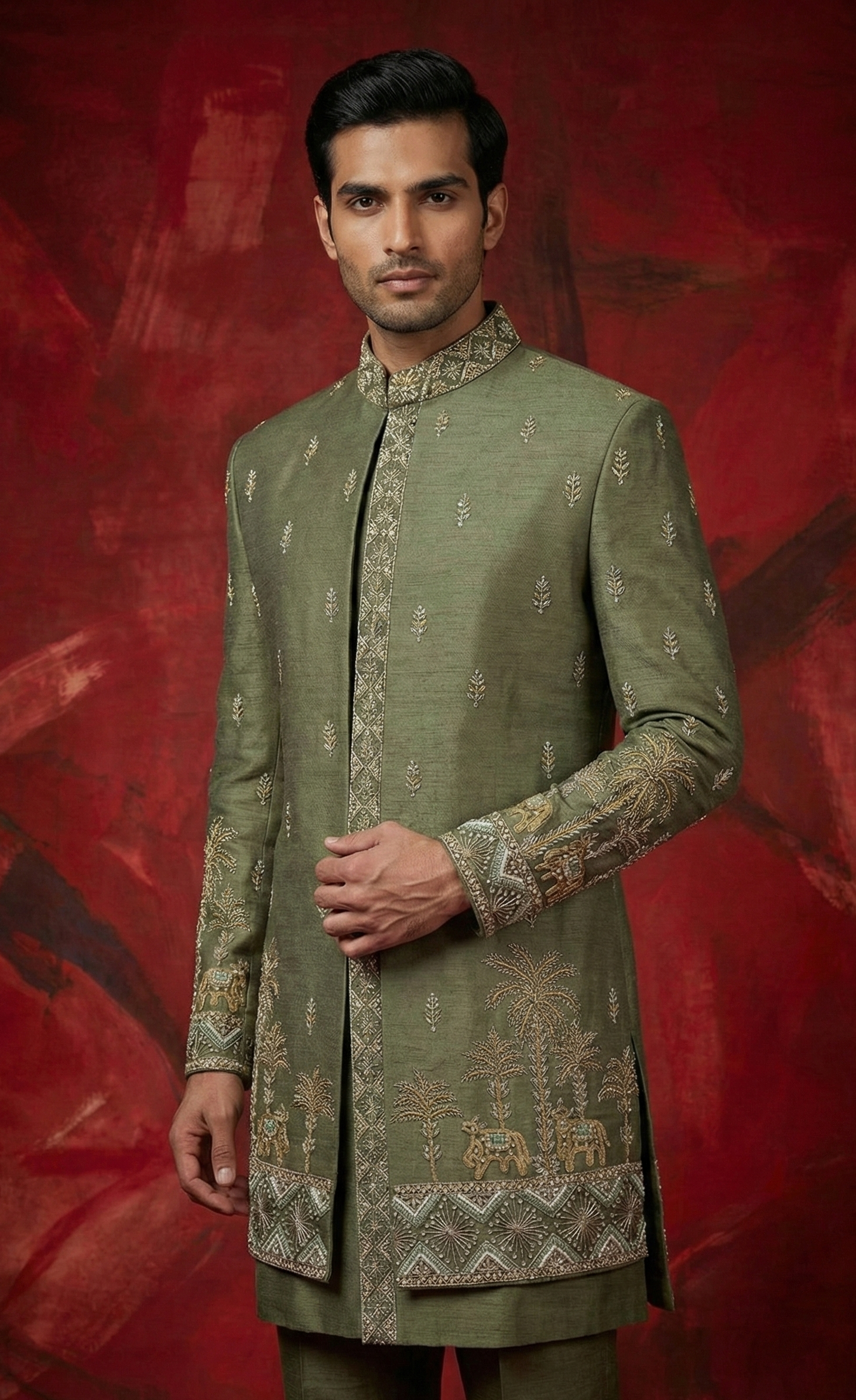 Green Linen Silk Zari Handwork Open Sherwani Set