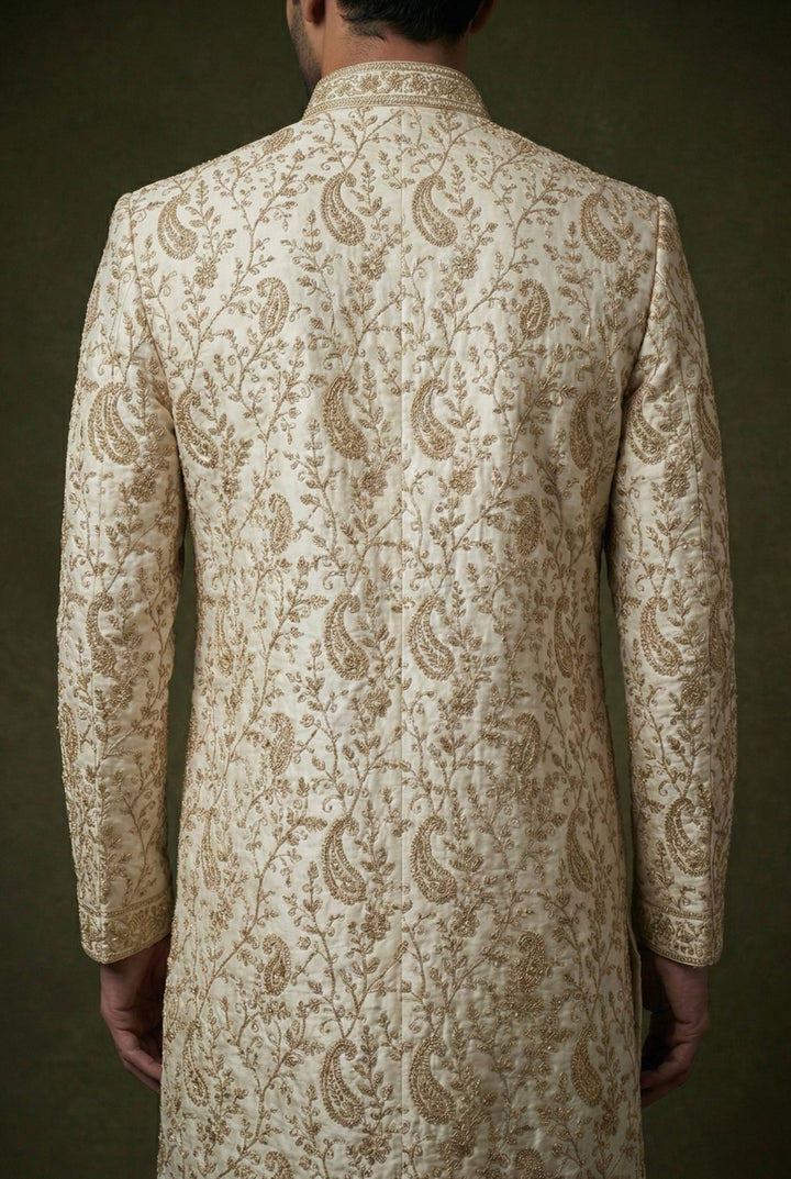 Abees White art silk zardosi sherwani set - side view