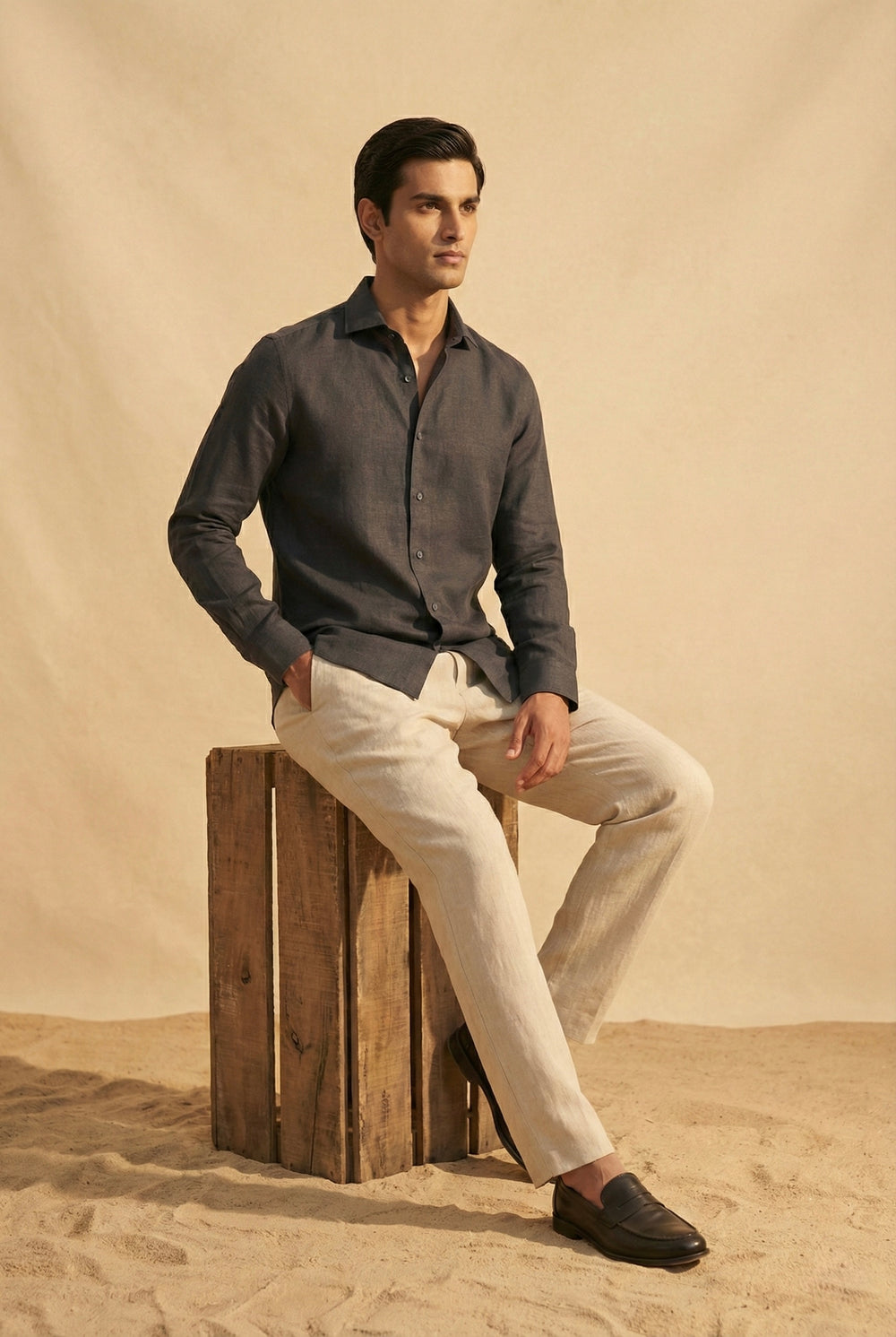 Abees Black linen solid shirt - side view