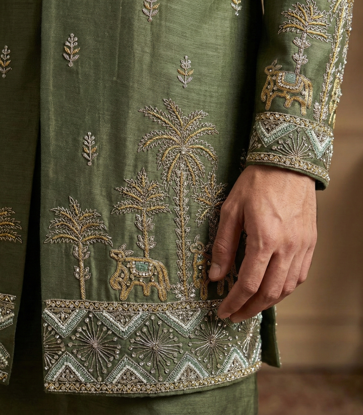 Abees Green linen zardosi open sherwani set - detail view 1