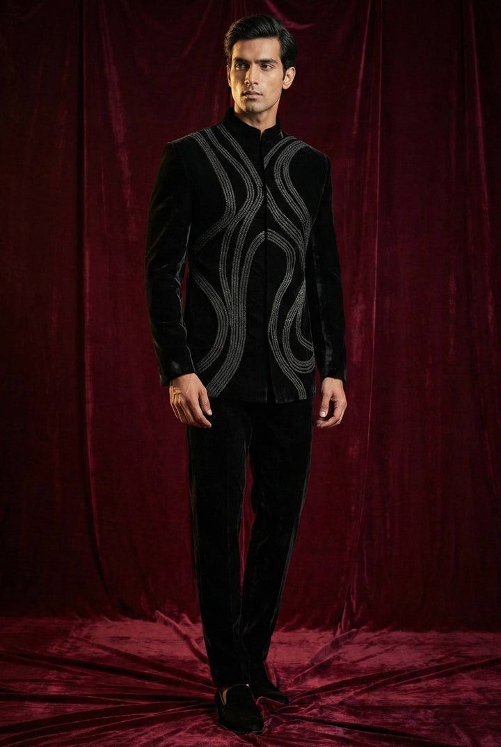 Abees Black embroidered indo-western bandhgala suit - front view