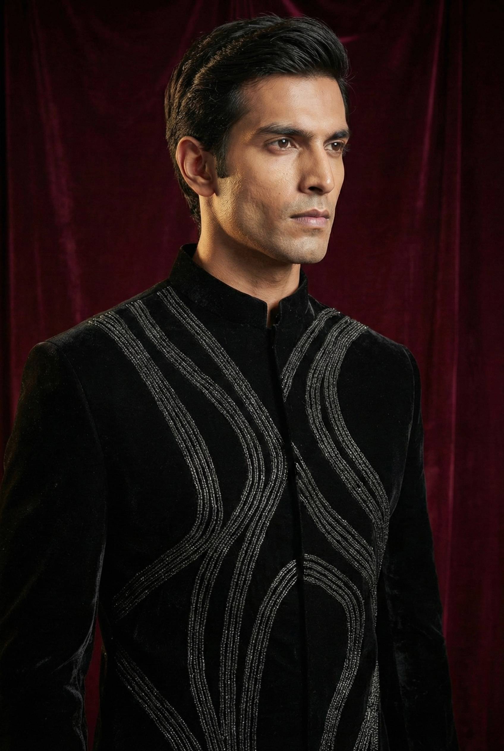 Black Embroidered Indo-Western Bandhgala Suit