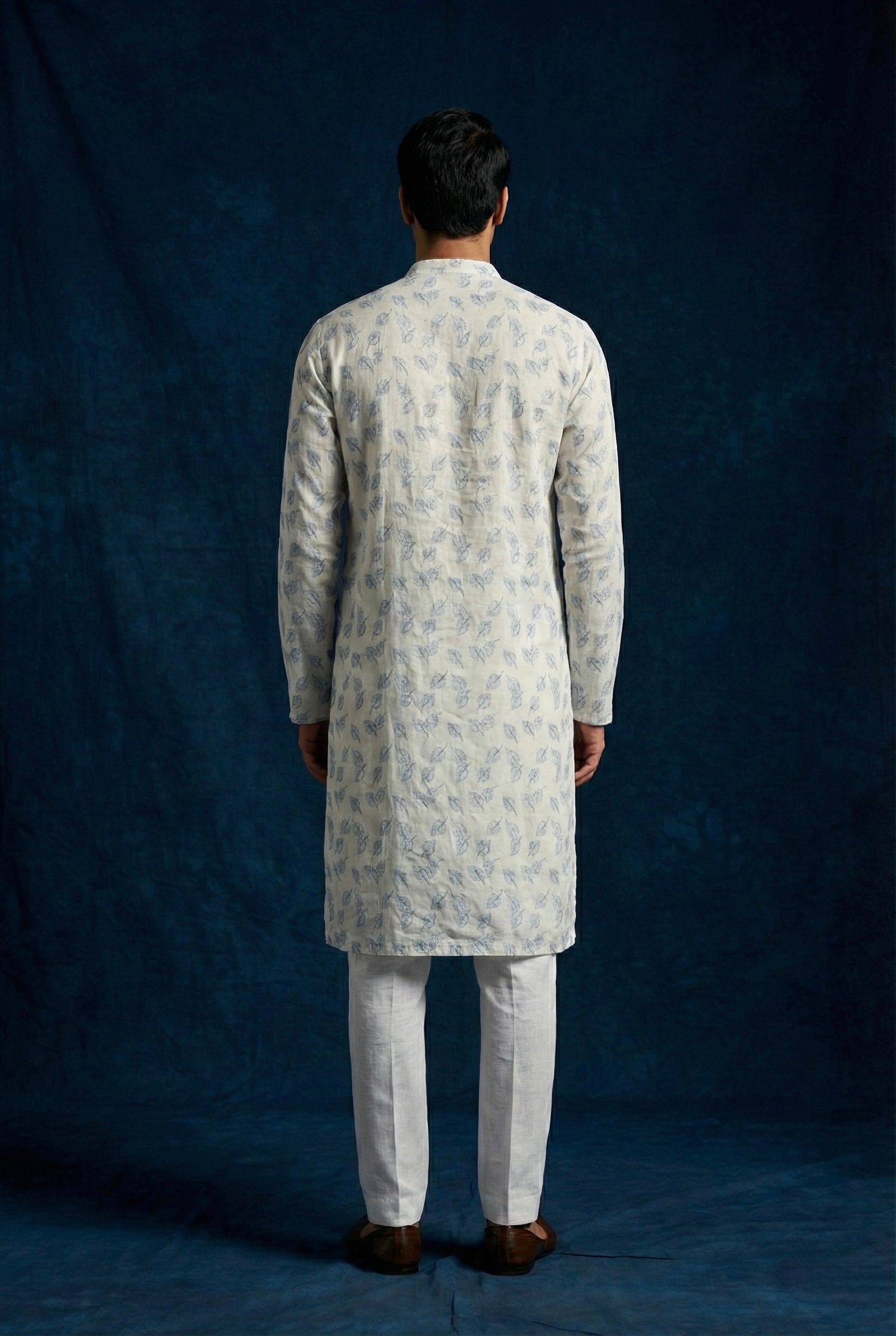 Ivory Leaf Printed 100% Linen Kurta for Men