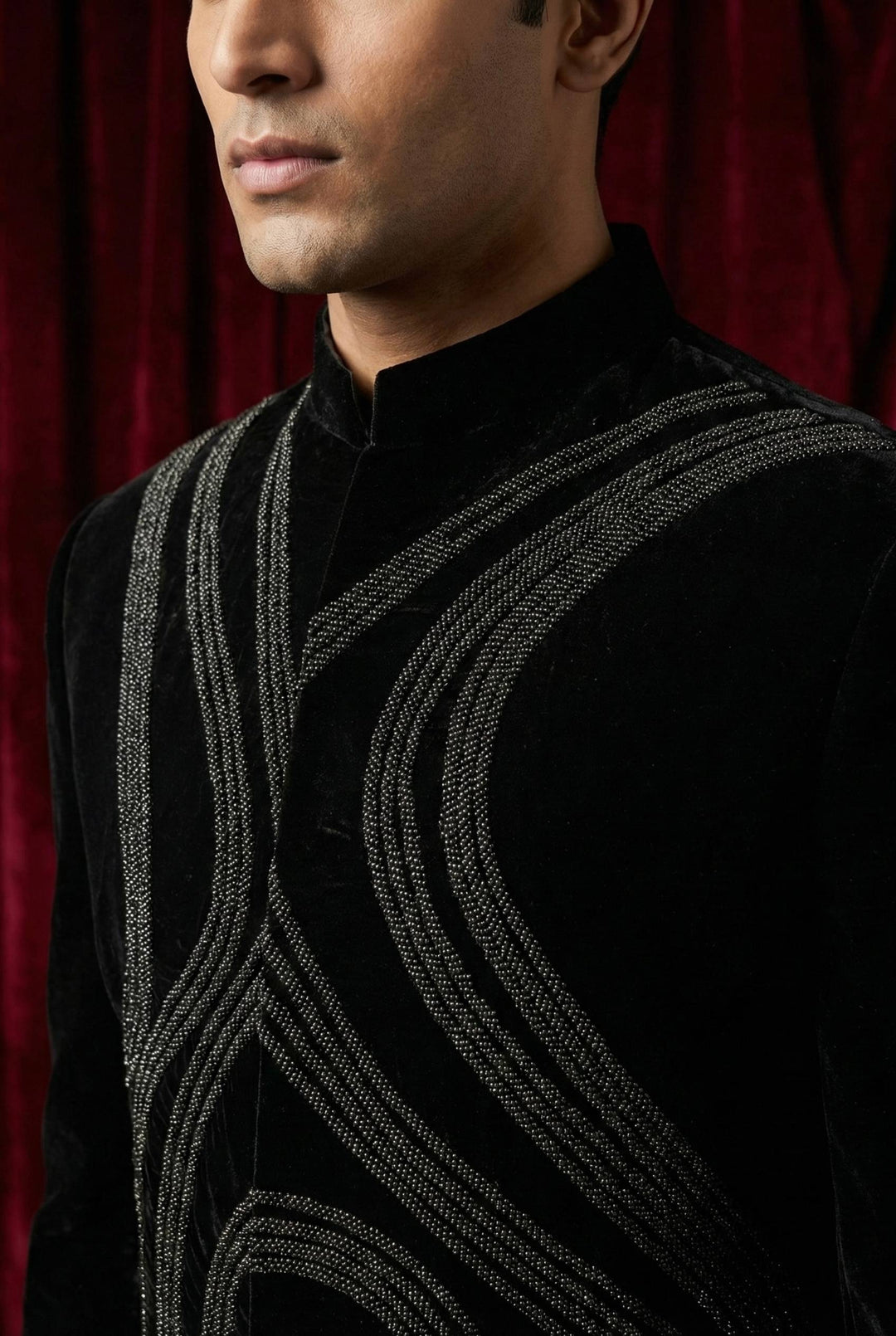 Abees Black embroidered indo-western bandhgala suit - side view