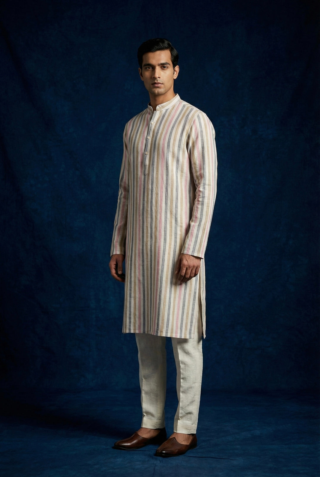 Abees Beige linen striped kurta for men - front view