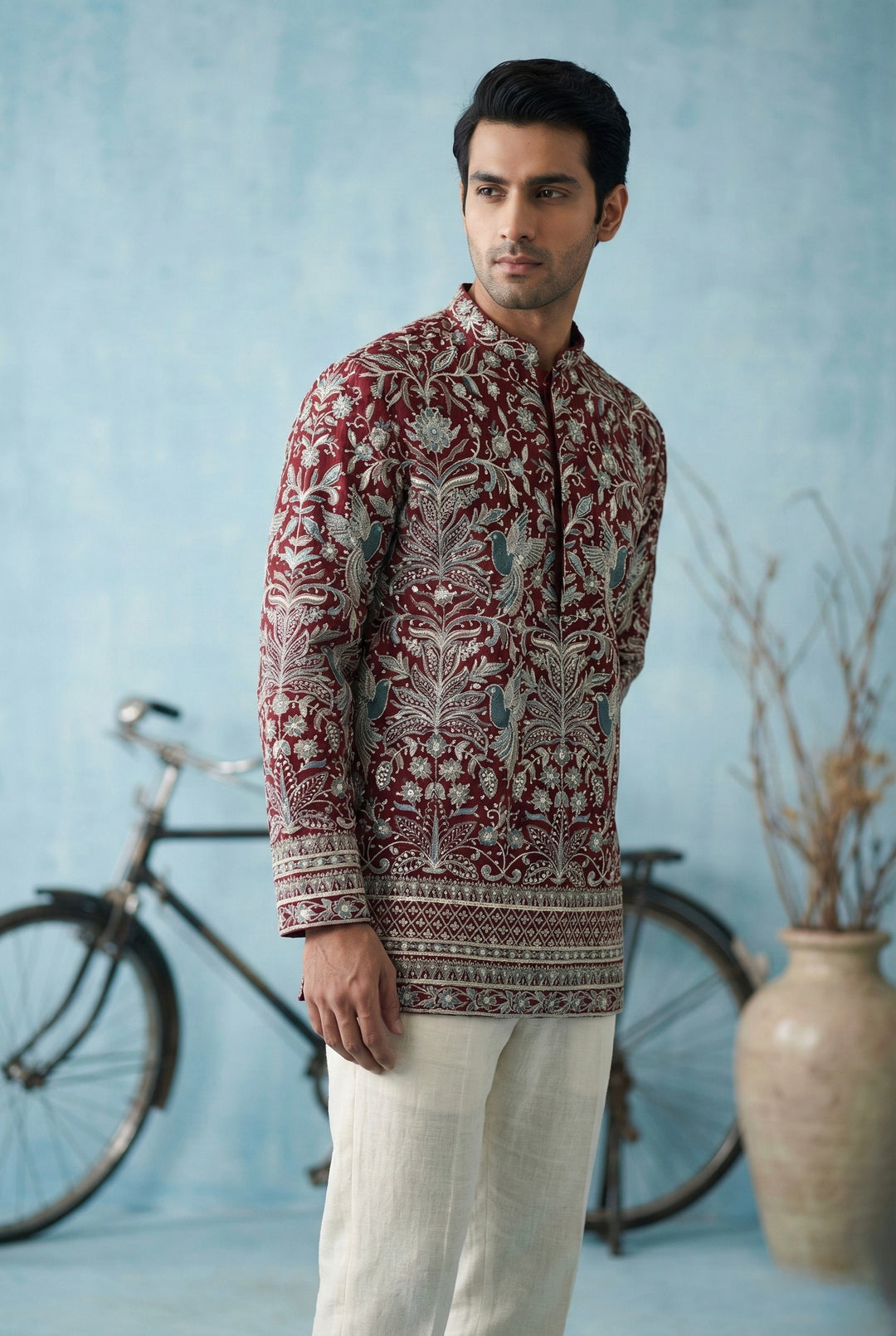 Abees Maroon embroidered short kurta for men - front view