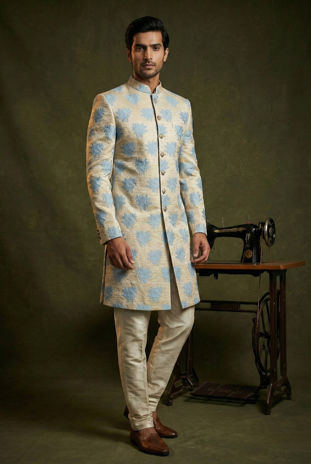 Abees Ivory and blue floral embroidered sherwani set - front view