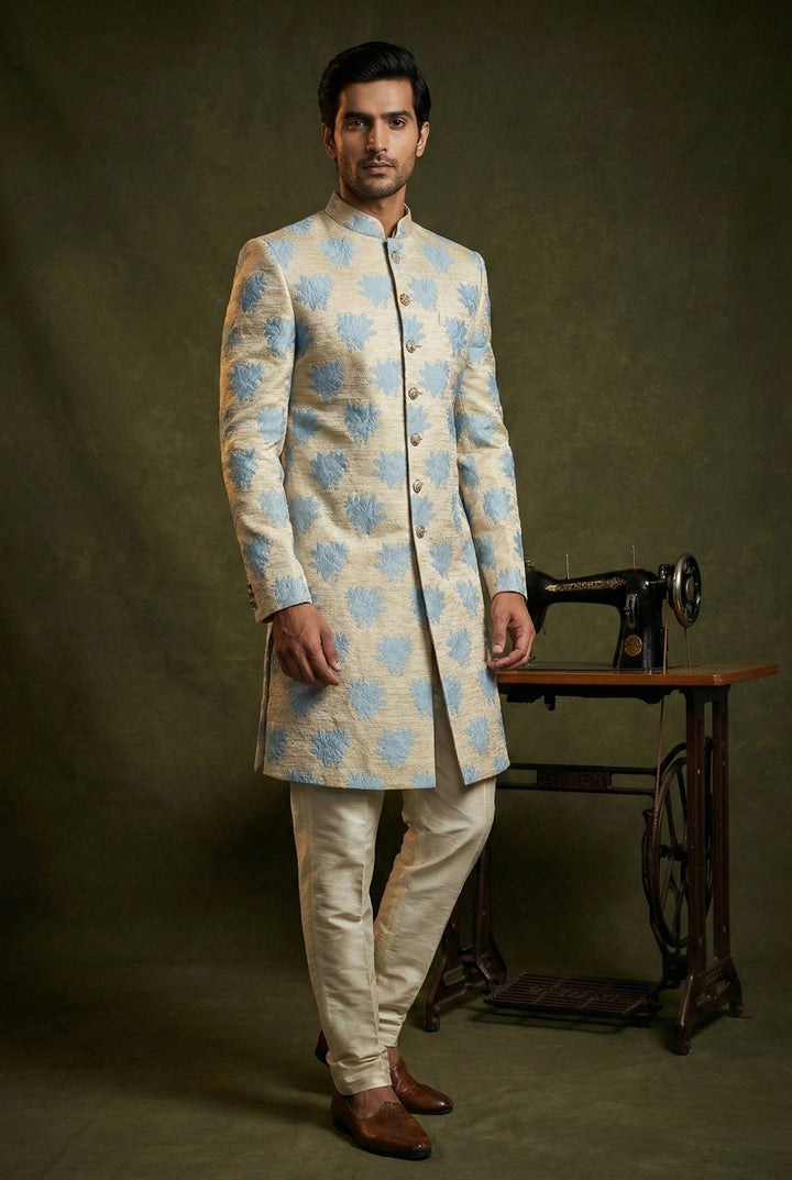 Abees Ivory and blue floral embroidered sherwani set - front view
