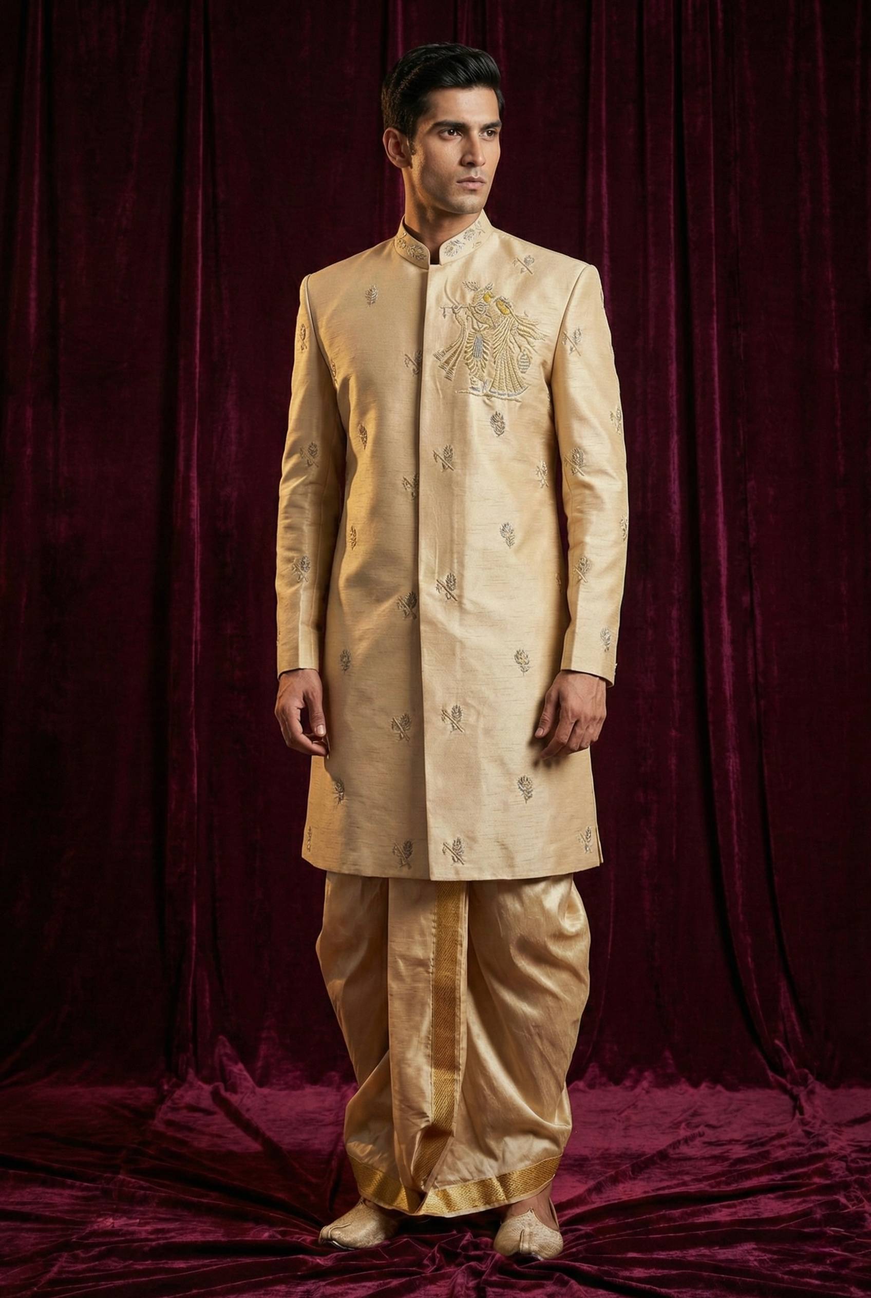 Royal Gold Embroidered Sherwani Set with Traditional Dhoti