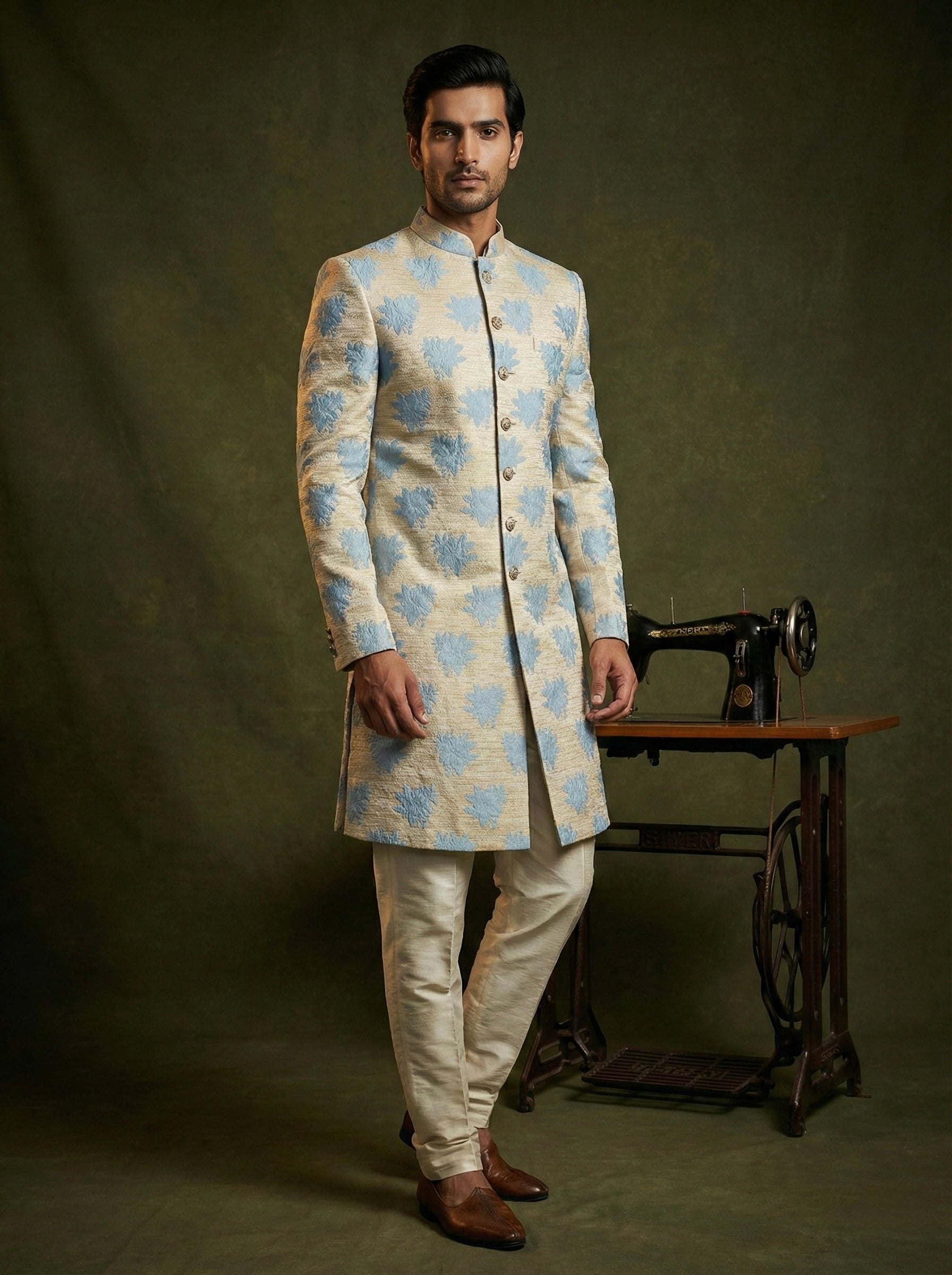 Ivory & Powder Blue Floral Embroidered Sherwani Set for Men