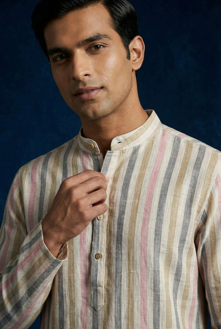 Abees Beige linen striped kurta for men - back view