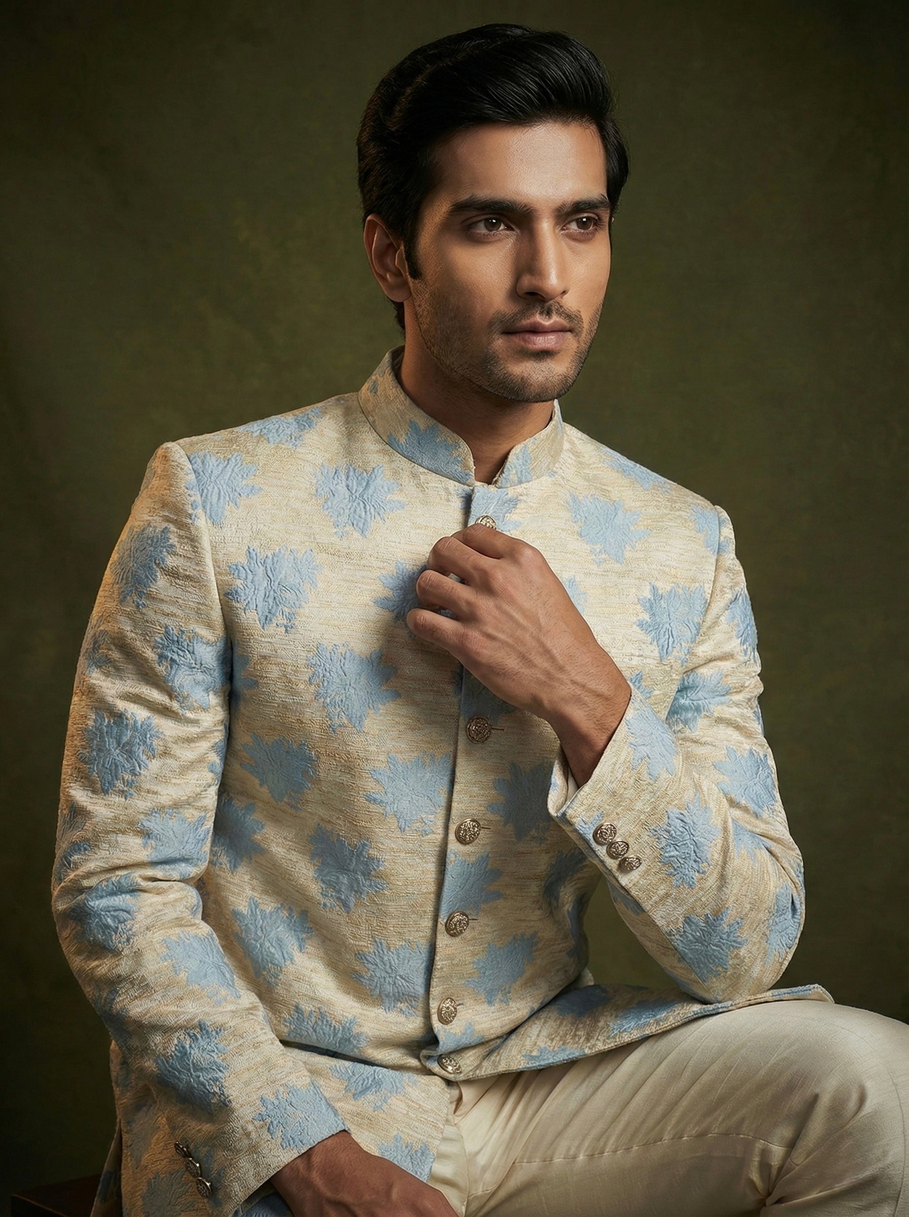 Ivory & Powder Blue Floral Embroidered Sherwani Set for Men