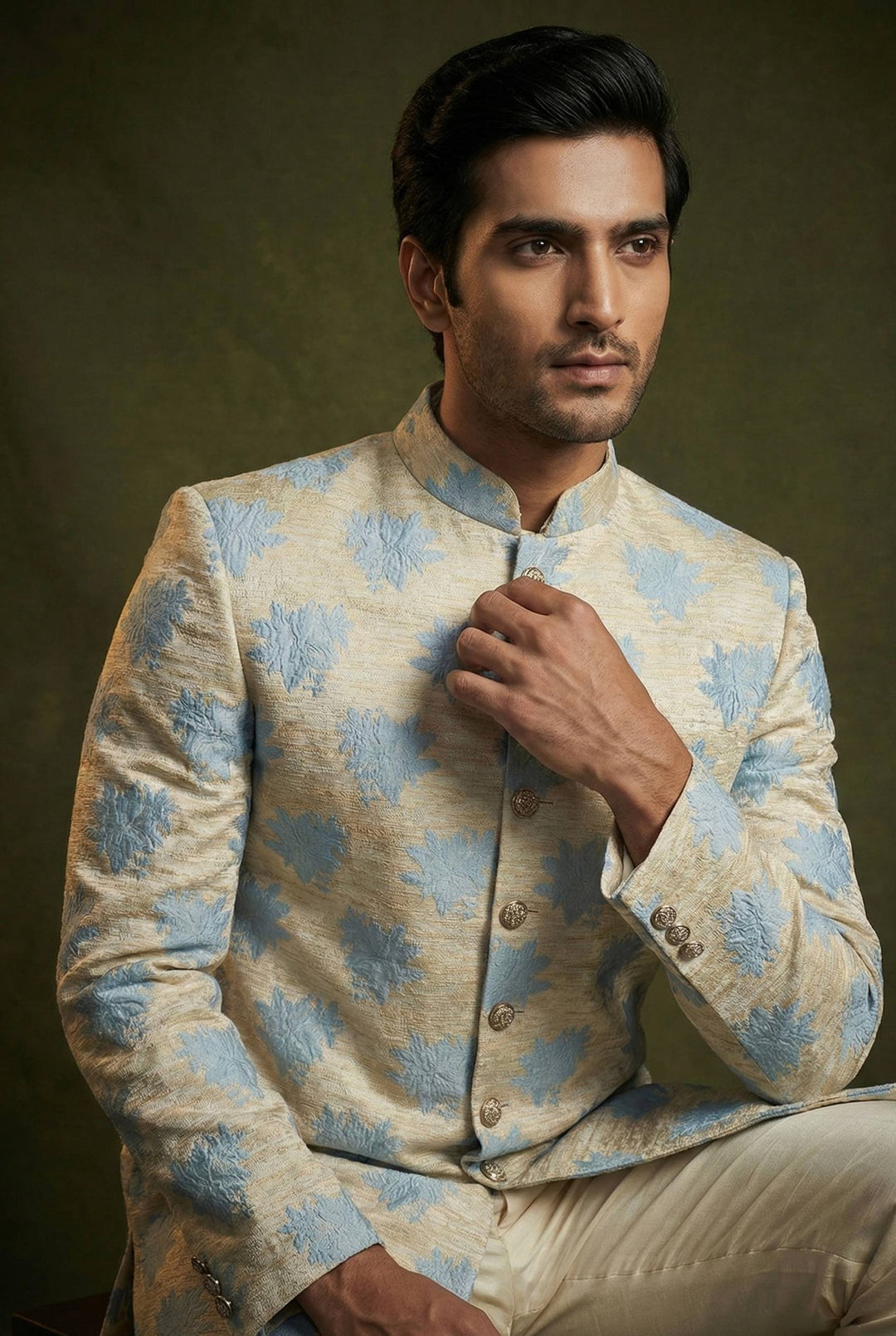 Abees Ivory and blue floral embroidered sherwani set - back view