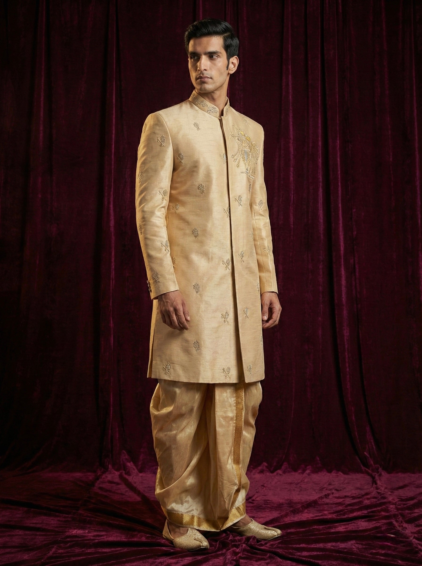 Royal Gold Embroidered Sherwani Set with Traditional Dhoti