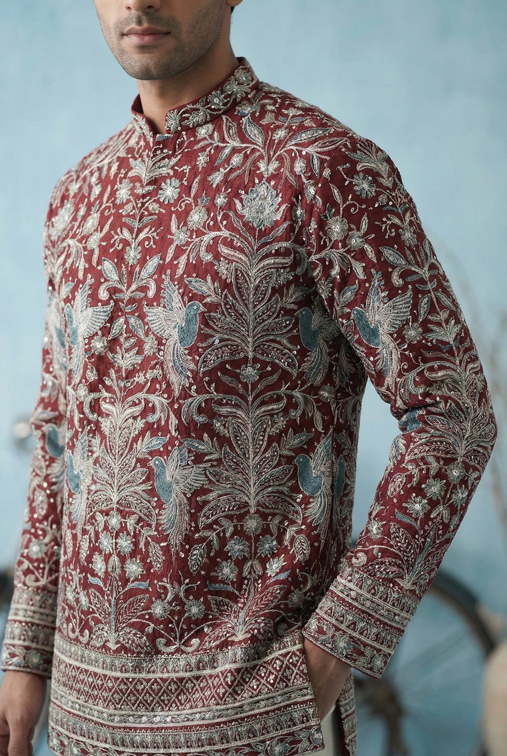 Maroon Heritage Embroidered Short Kurta for Men