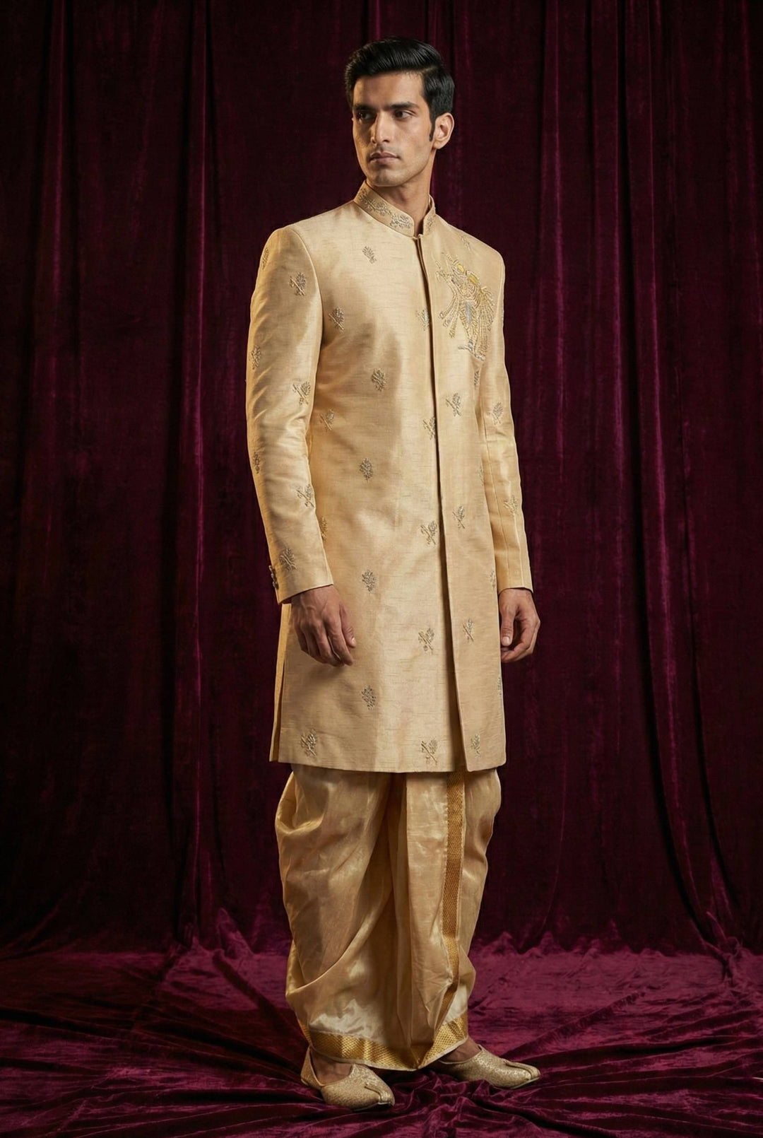 Royal Gold Embroidered Sherwani Set with Traditional Dhoti