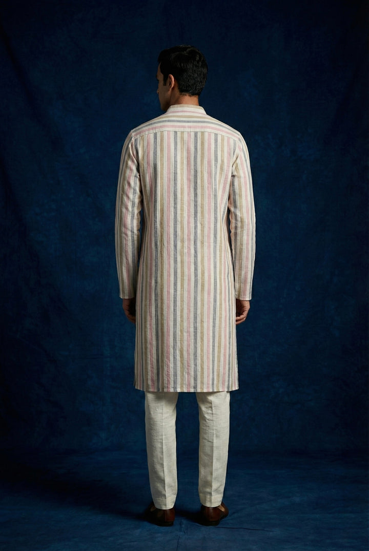 Abees Beige linen striped kurta for men - side view