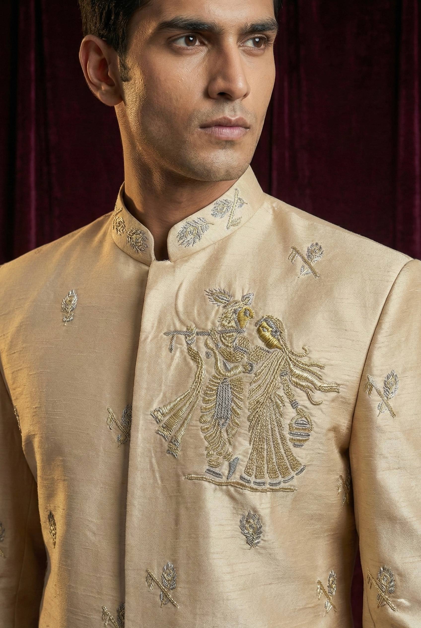 Royal Gold Embroidered Sherwani Set with Traditional Dhoti