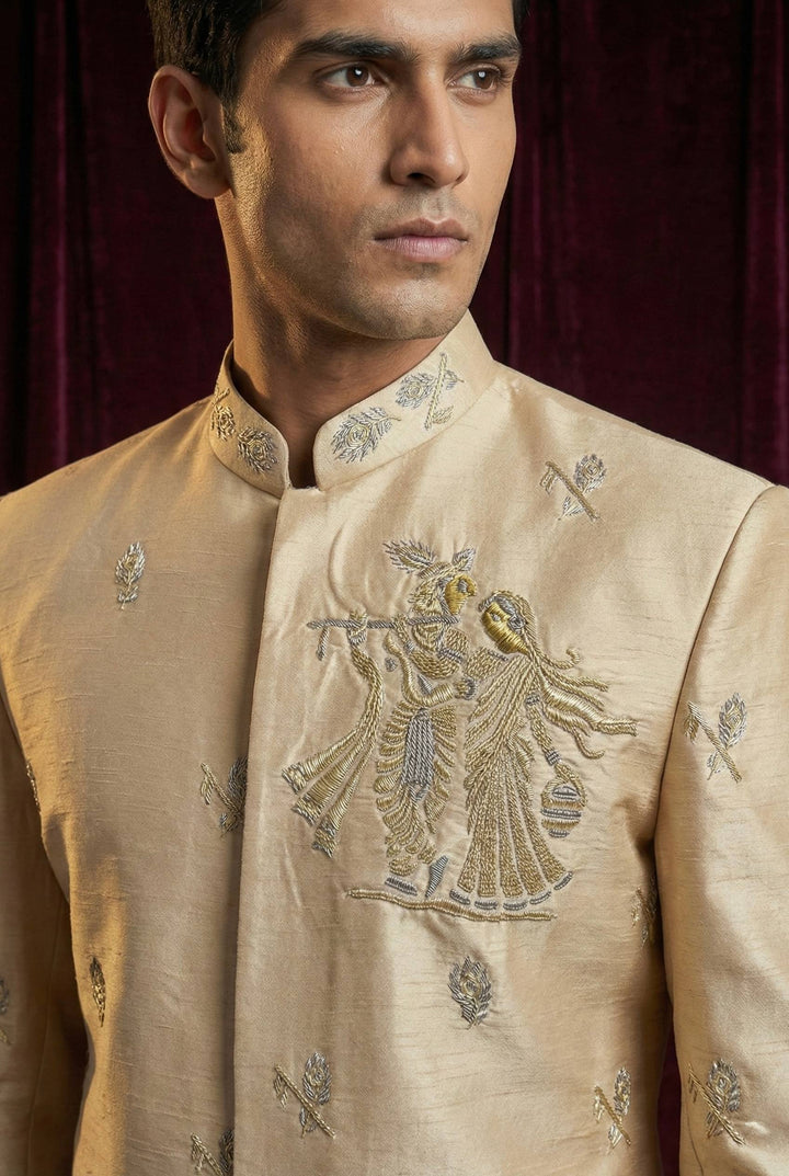 Royal Gold Embroidered Sherwani Set with Traditional Dhoti