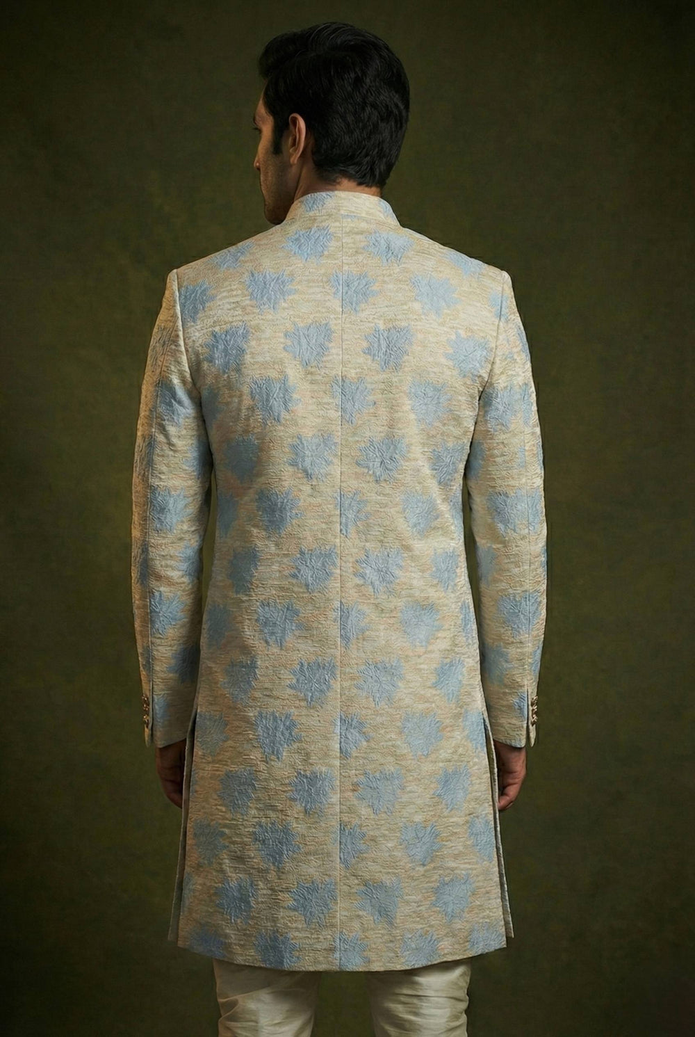Abees Ivory and blue floral embroidered sherwani set - side view