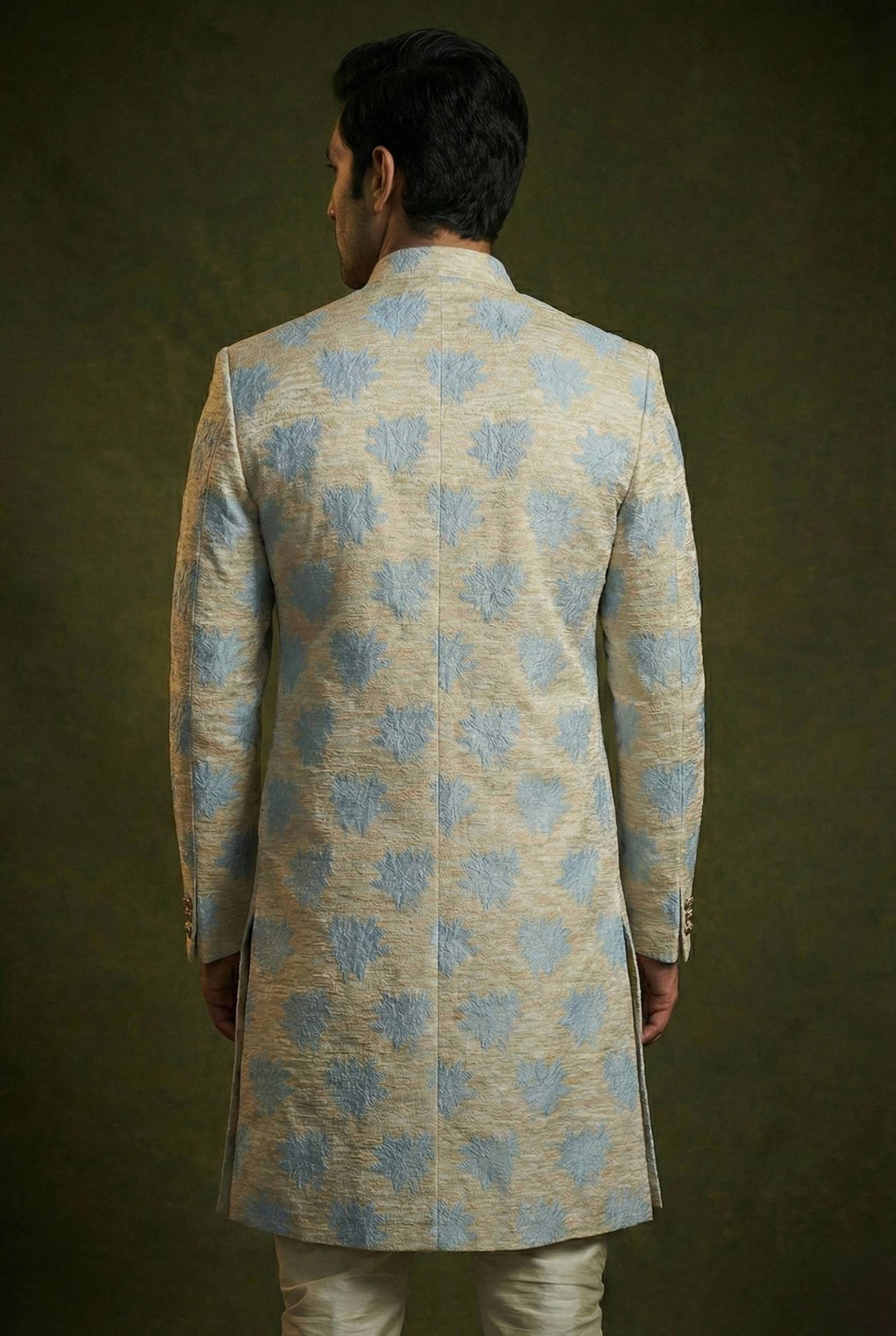 Abees Ivory and blue floral embroidered sherwani set - side view