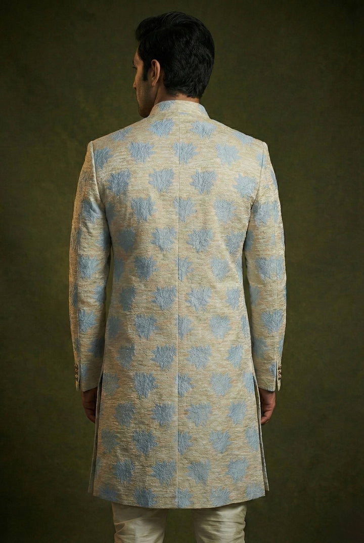 Abees Ivory and blue floral embroidered sherwani set - side view
