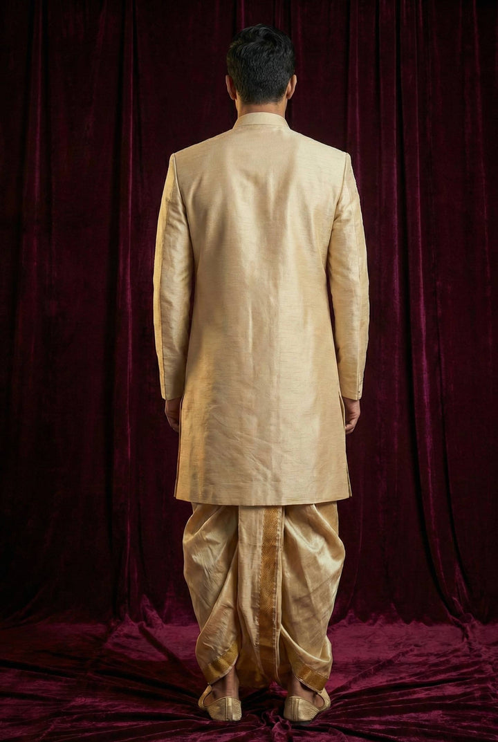 Royal Gold Embroidered Sherwani Set with Traditional Dhoti