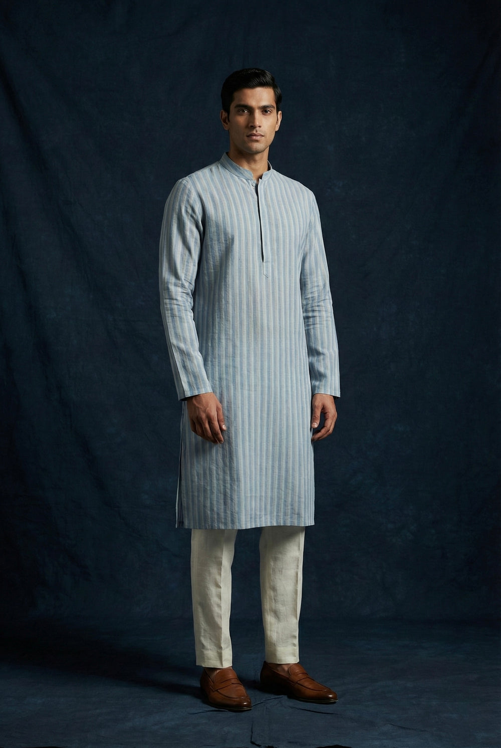 Abees Blue linen striped kurta for men - front view