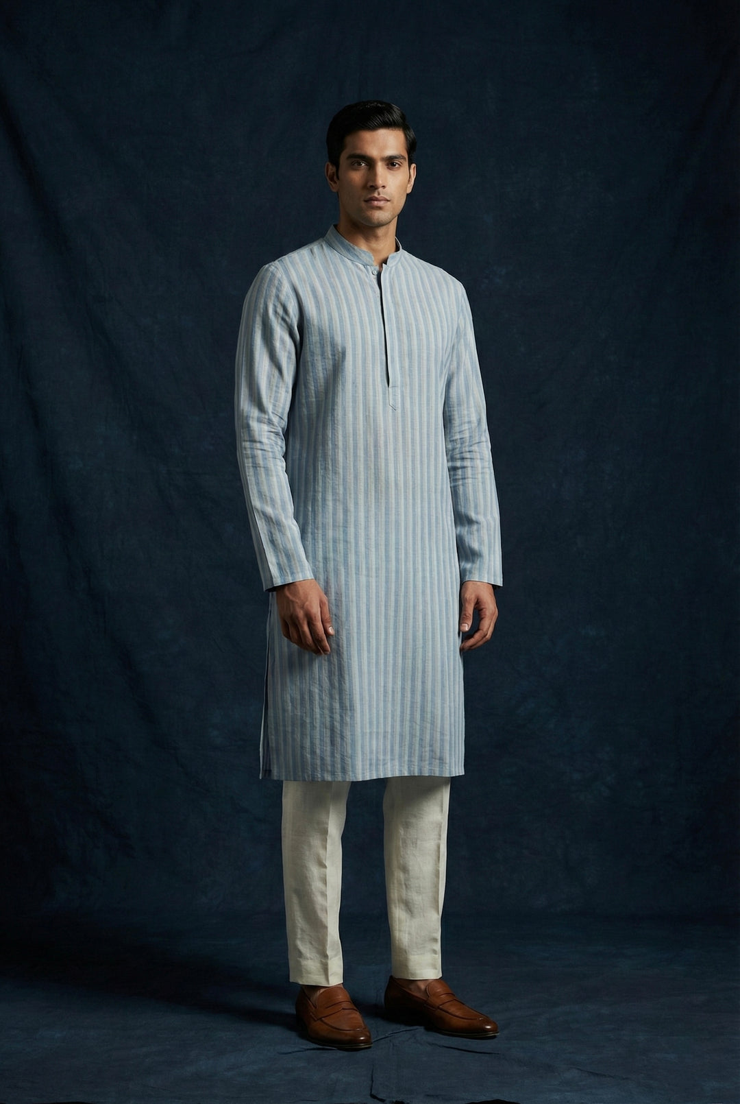 Abees Blue linen striped kurta for men - front view