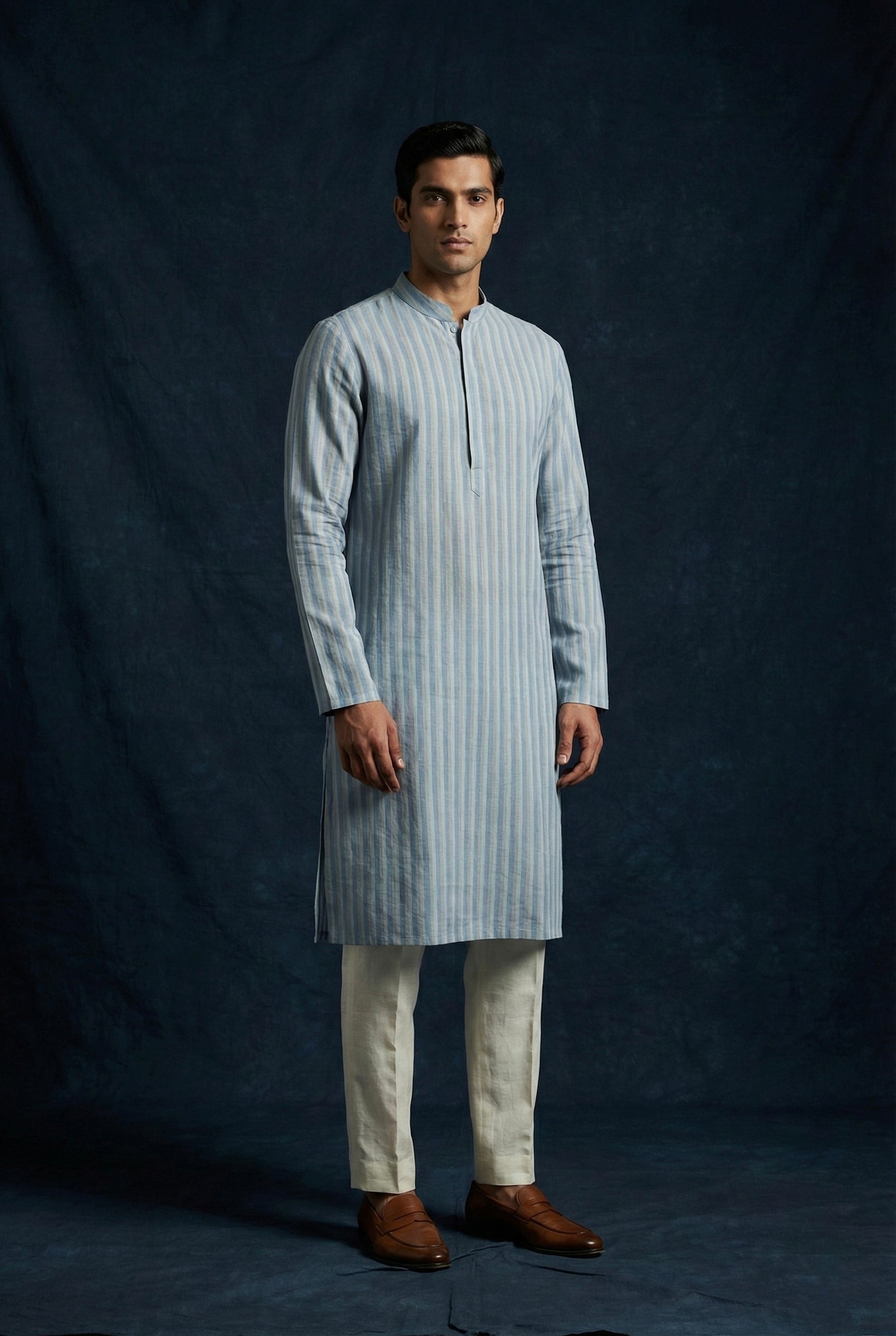 Sky Blue Striped 100% Linen Kurta for Men