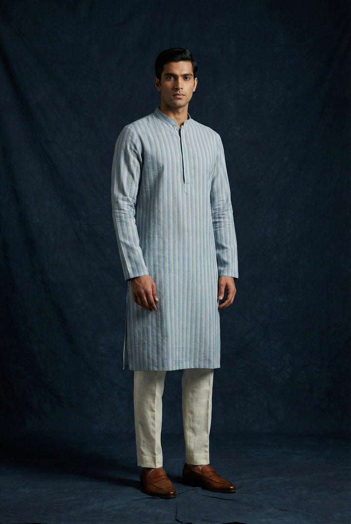 Abees Blue linen striped kurta for men - front view