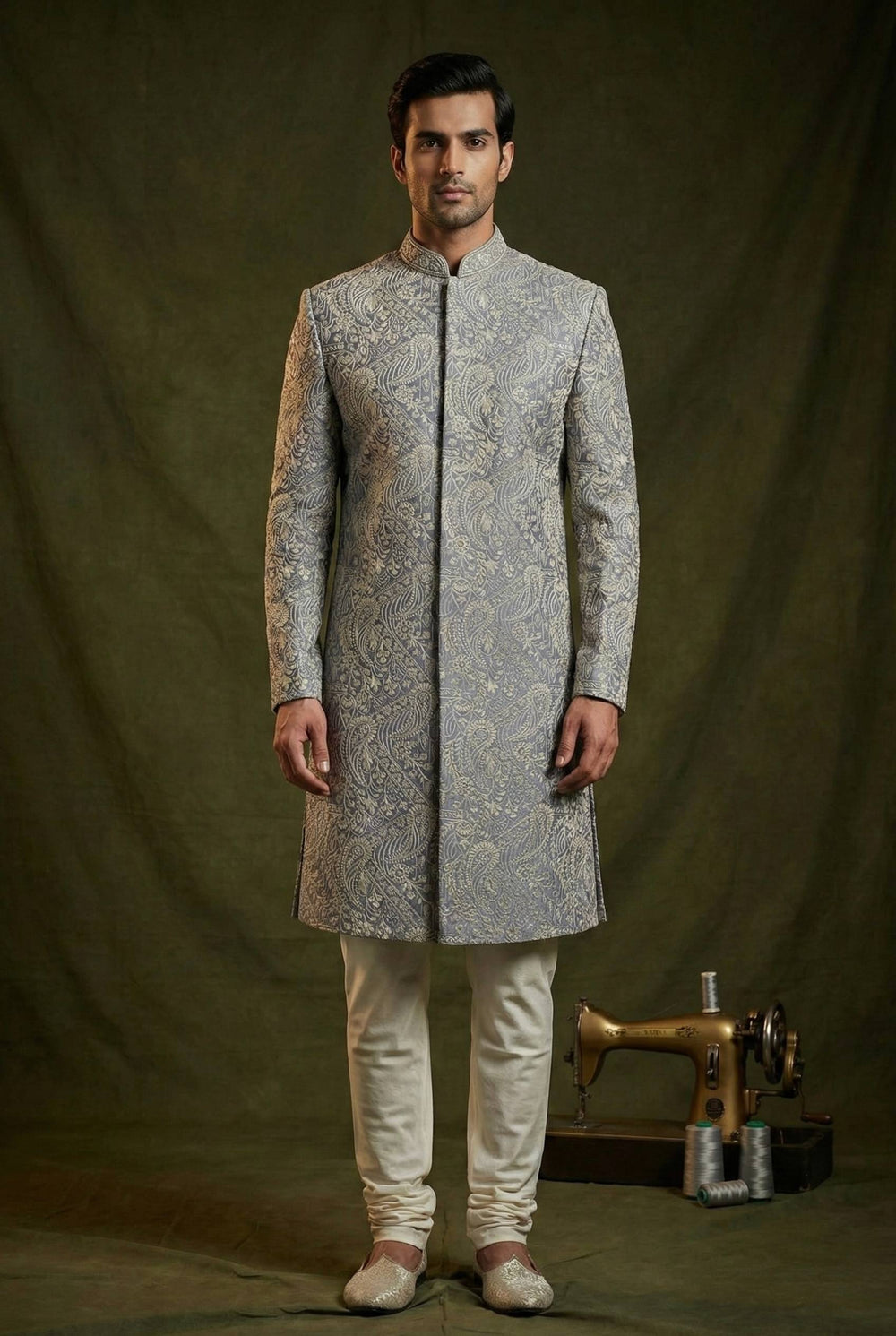 Abees Grey embroidered sherwani set with churidar - front view