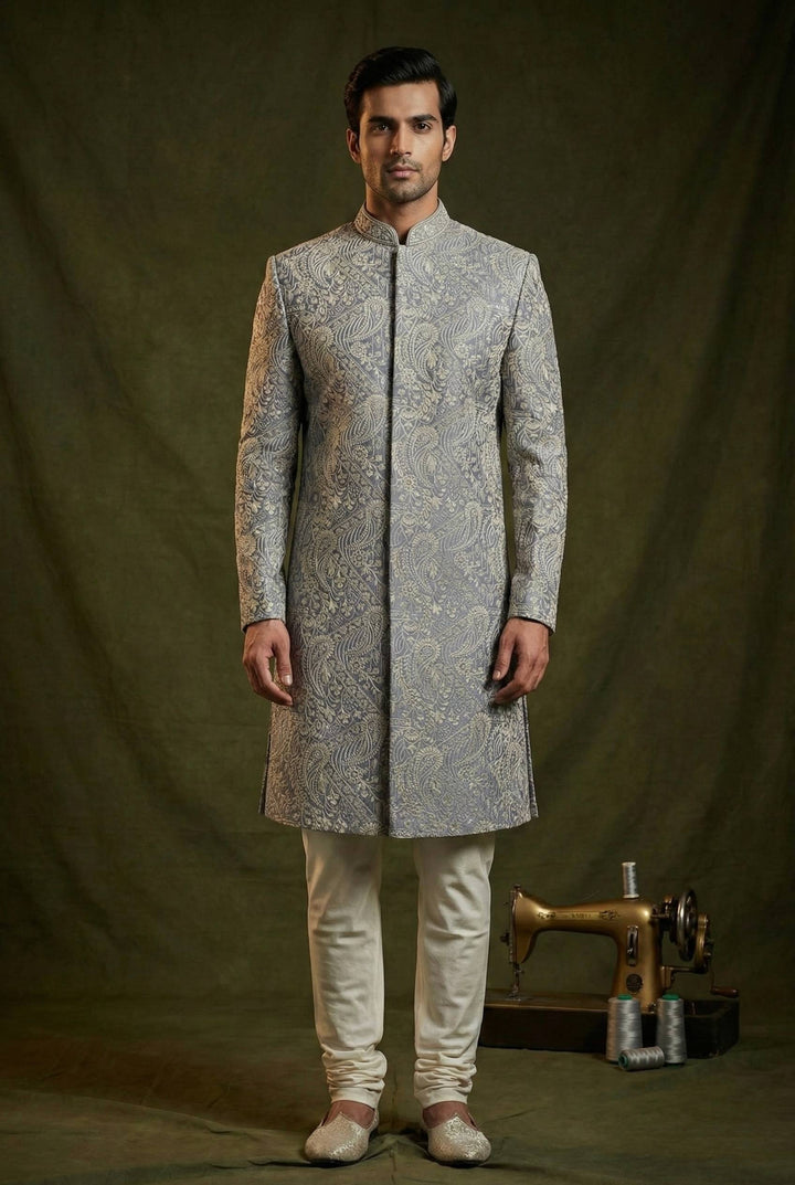 Abees Grey embroidered sherwani set with churidar - front view