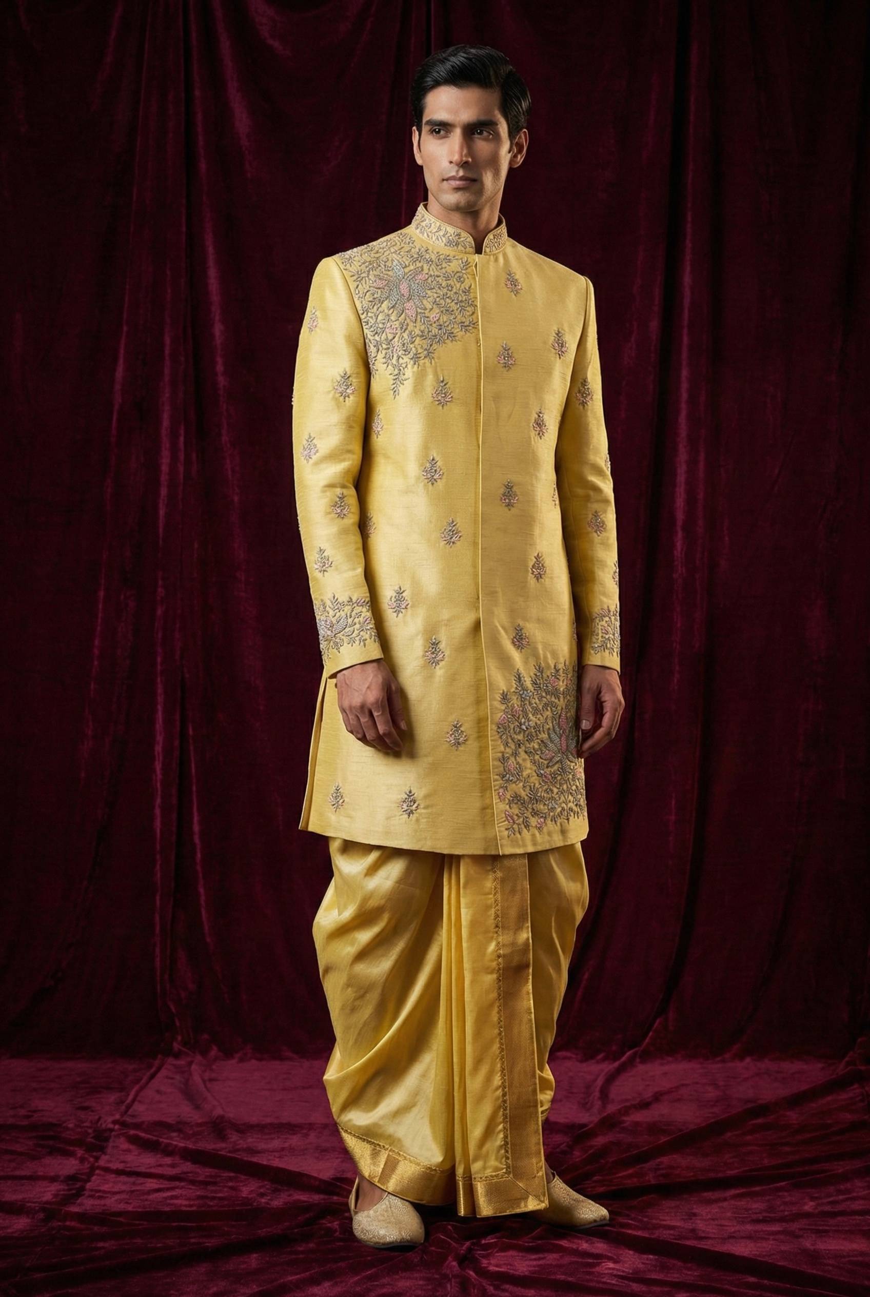 Regal Mustard Gold Embroidered Sherwani with Traditional Dhoti