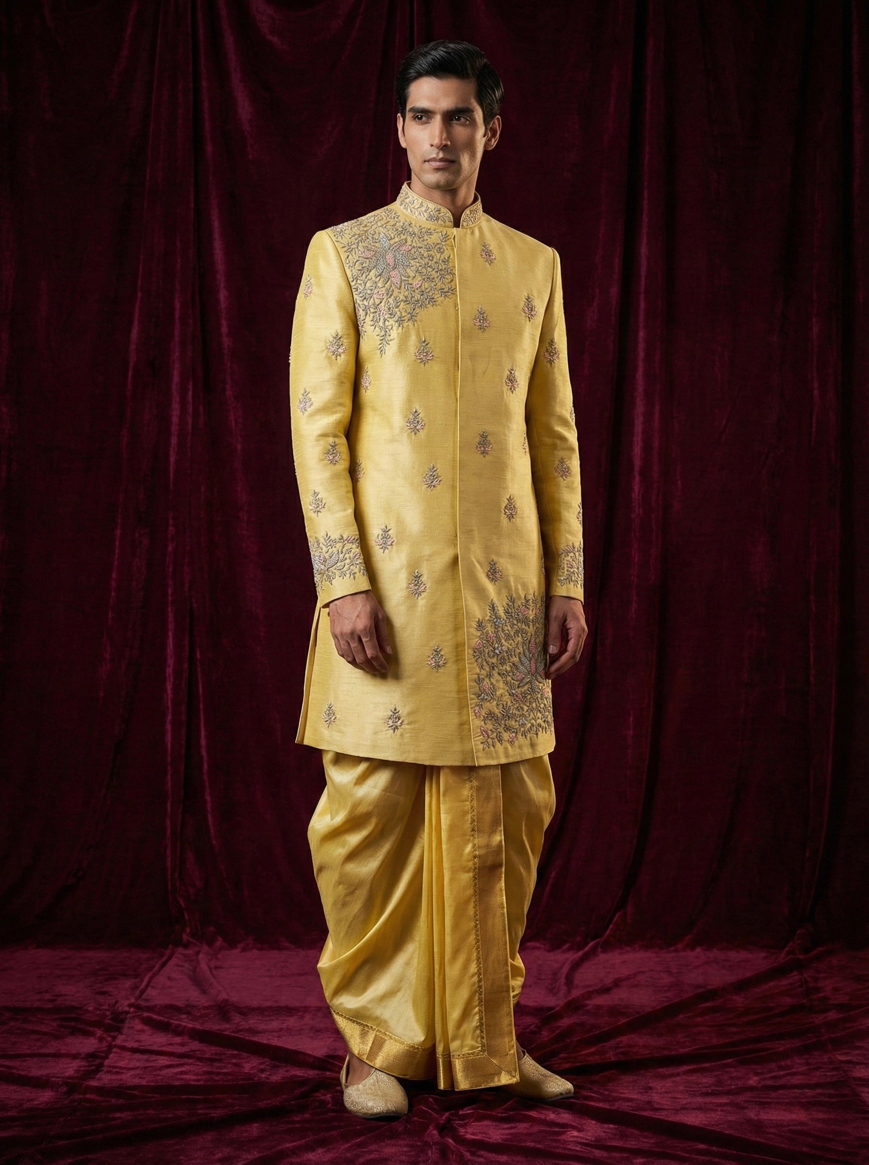 Regal Mustard Gold Embroidered Sherwani with Traditional Dhoti