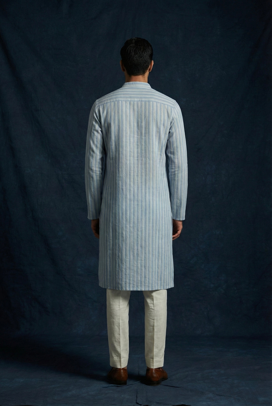 Abees Blue linen striped kurta for men - back view