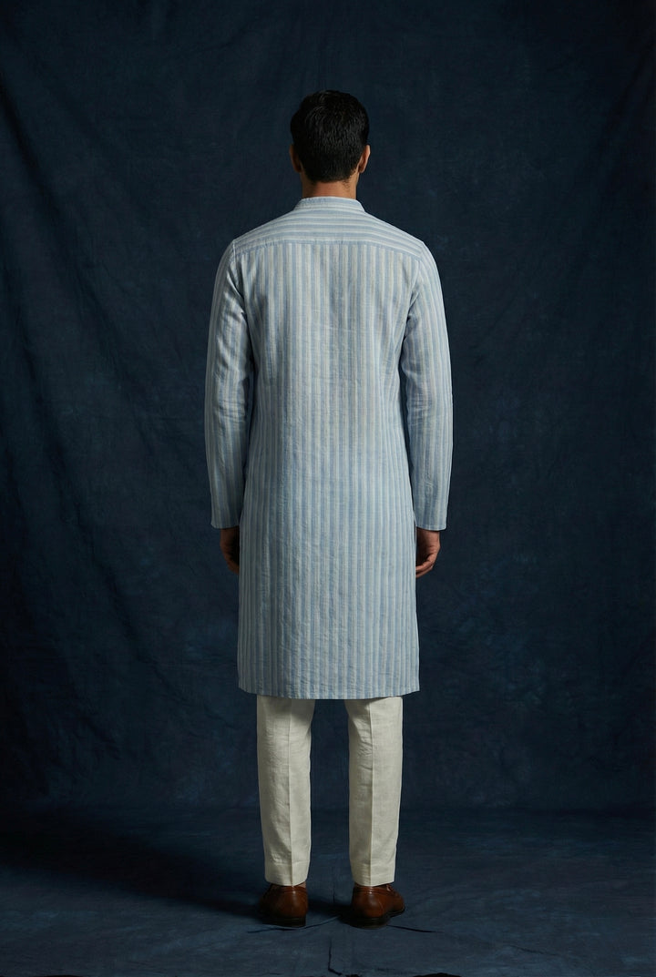 Abees Blue linen striped kurta for men - back view
