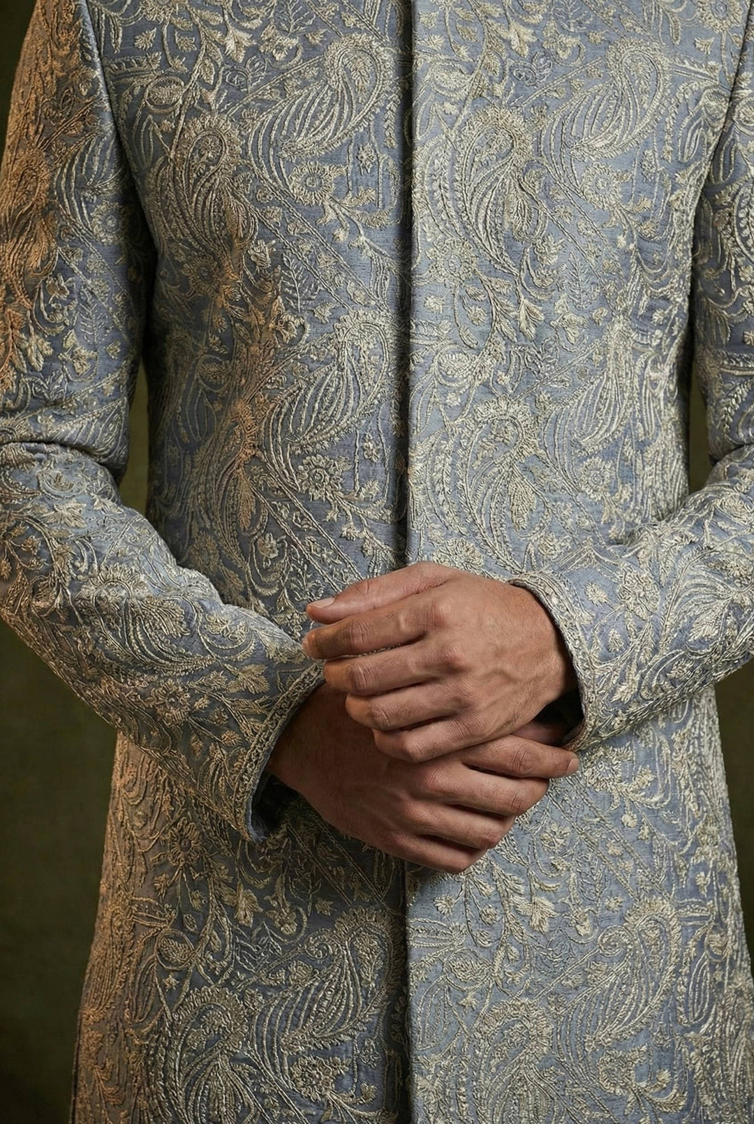 Abees Grey embroidered sherwani set with churidar - back view