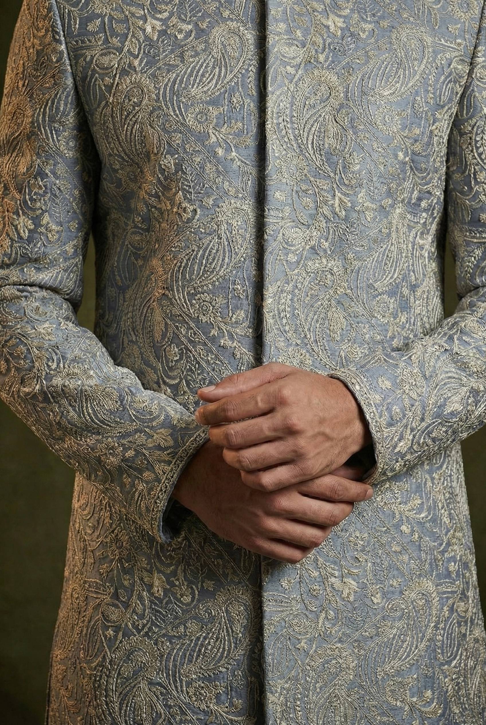 Abees Grey embroidered sherwani set with churidar - back view