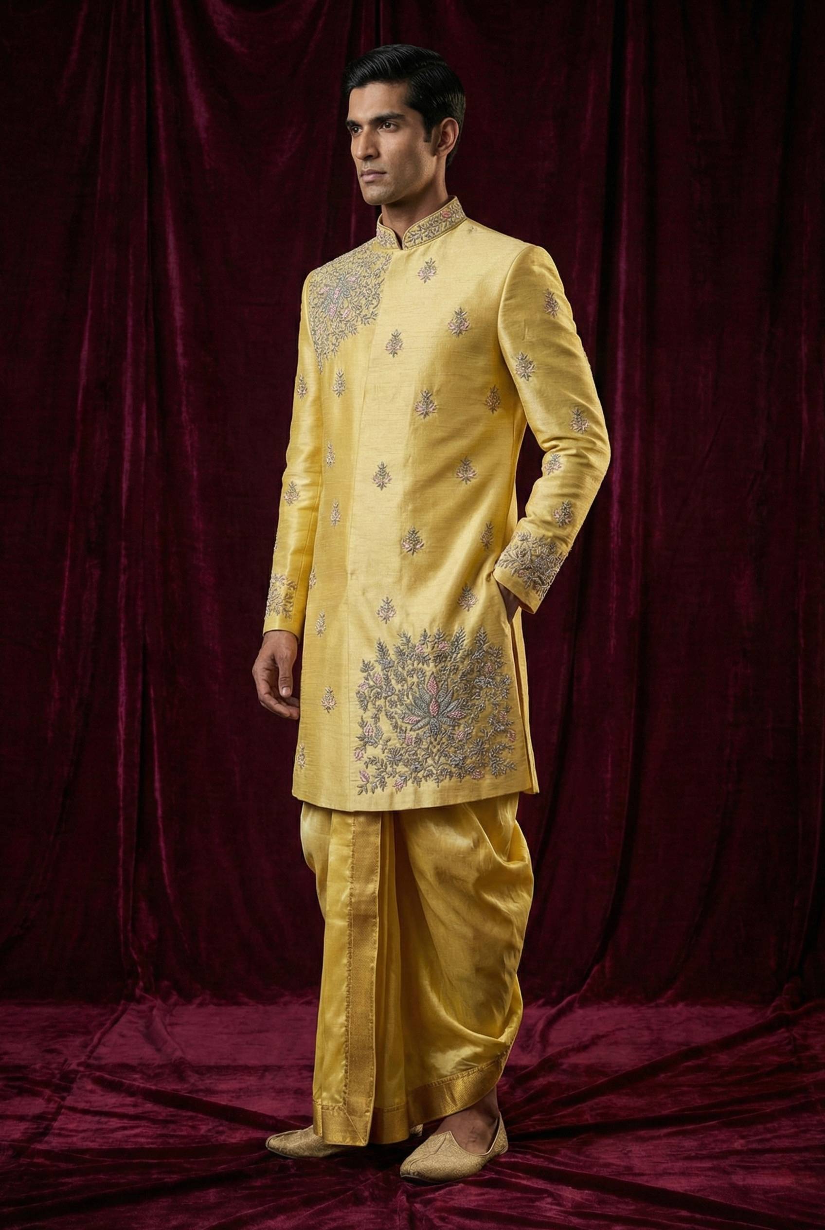 Regal Mustard Gold Embroidered Sherwani with Traditional Dhoti