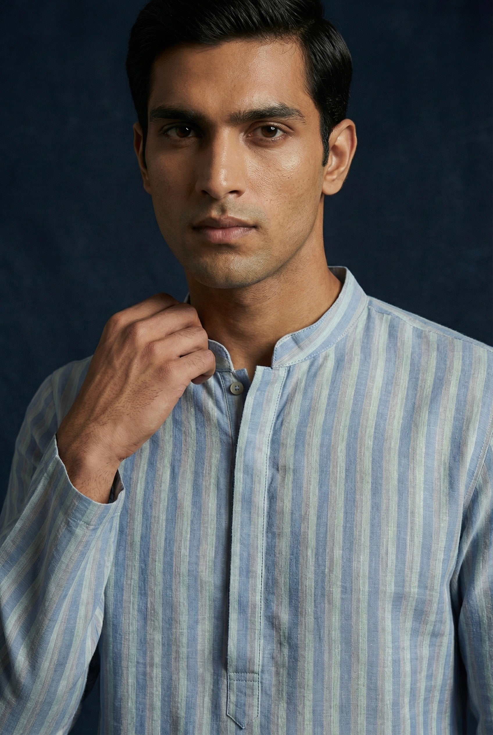 Sky Blue Striped 100% Linen Kurta for Men