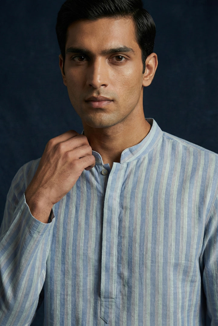 Abees Blue linen striped kurta for men - side view