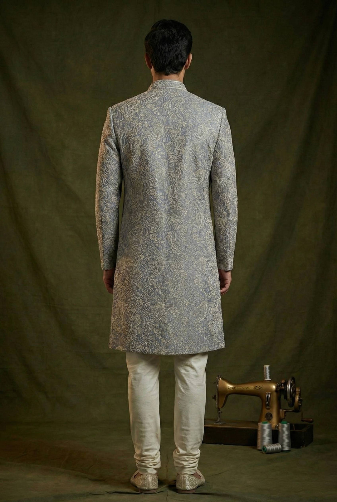 Abees Grey embroidered sherwani set with churidar - side view