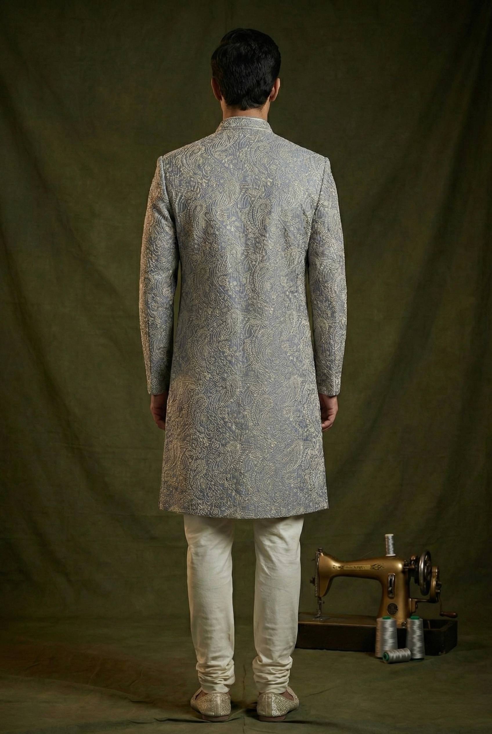 Abees Grey embroidered sherwani set with churidar - side view