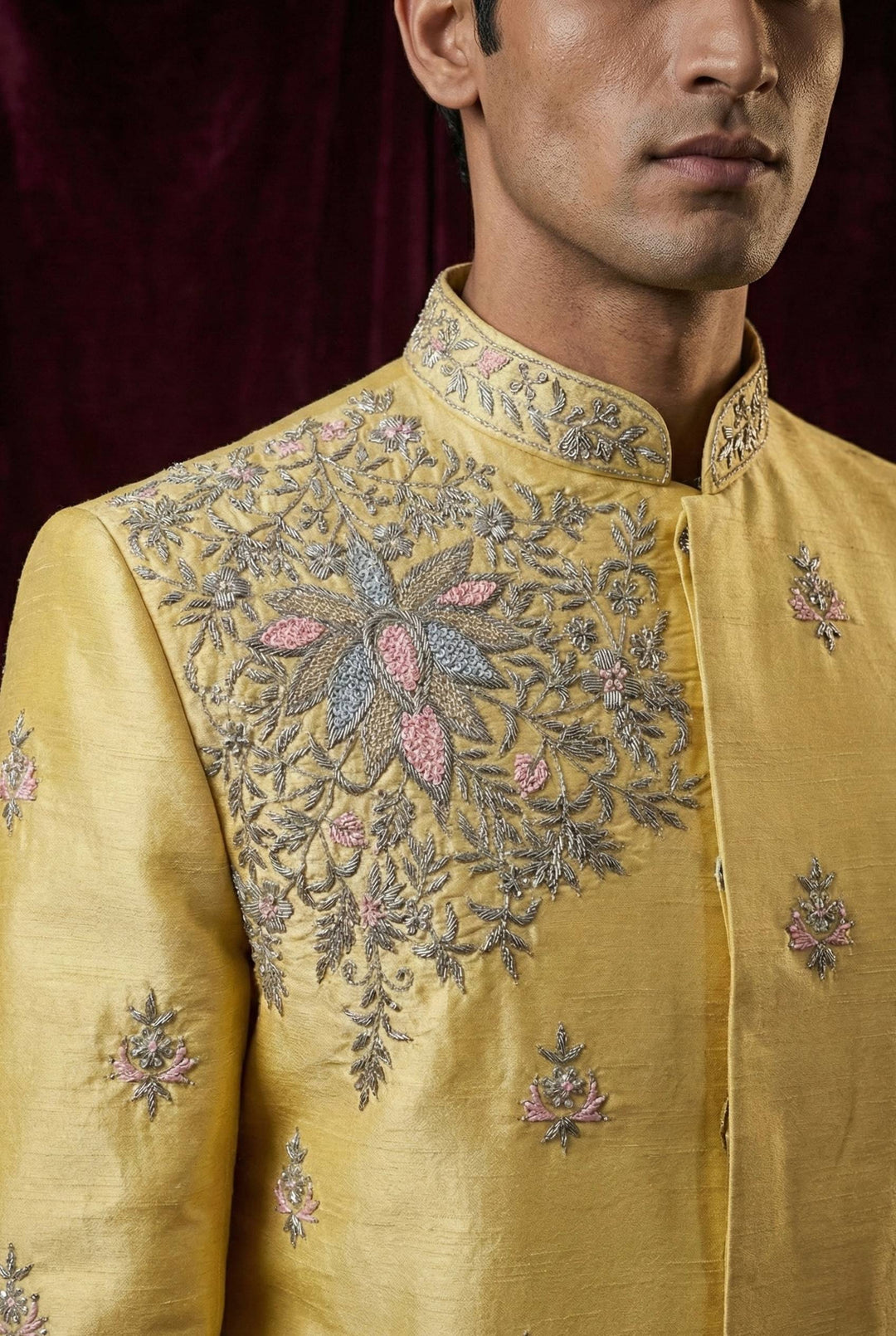 Abees Gold embroidered sherwani with dhoti - side view
