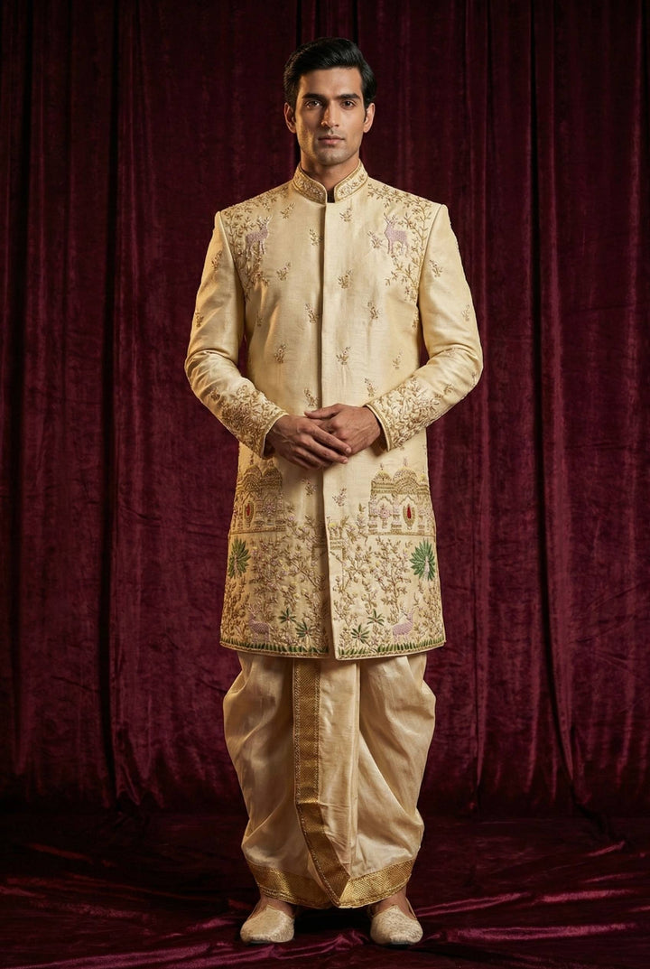 Abees Gold embroidered ivory sherwani with dhoti - front view